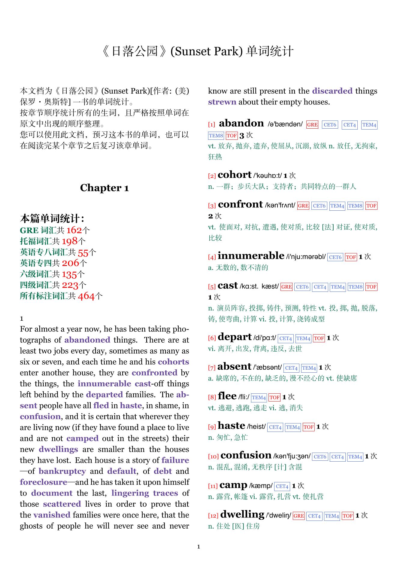 Sunset Park章节单词统计