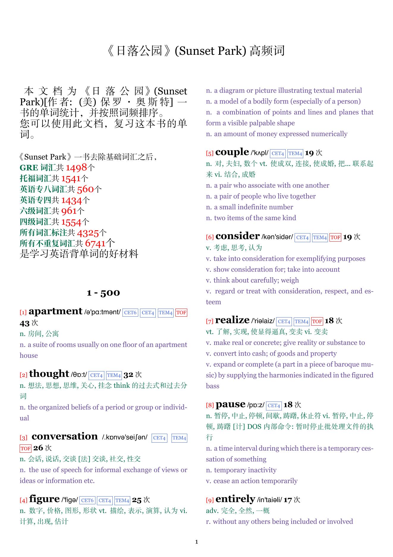 Sunset Park词频统计
