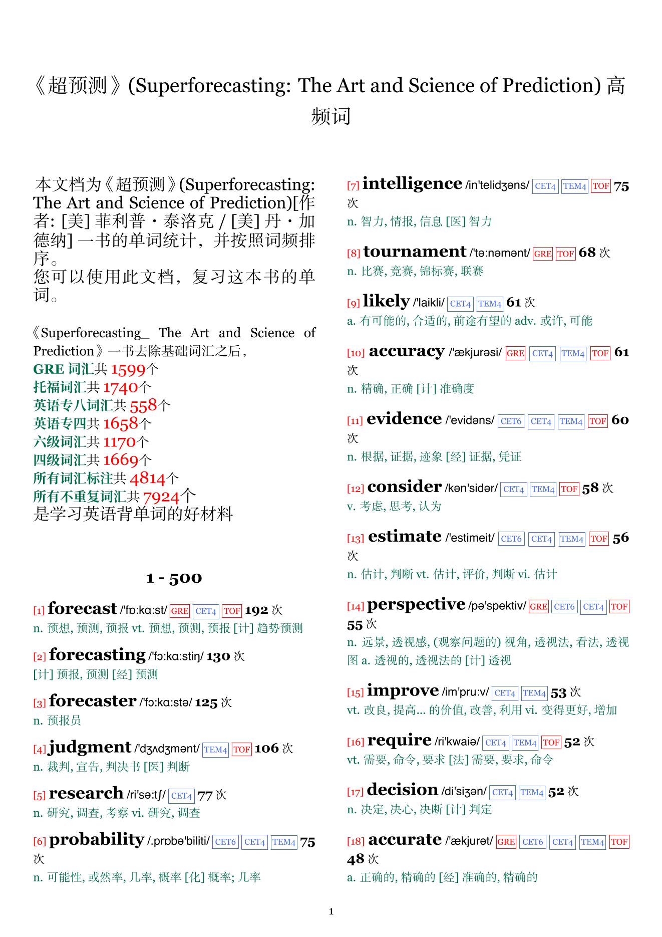 Superforecasting: The Art and Science of Prediction词频统计