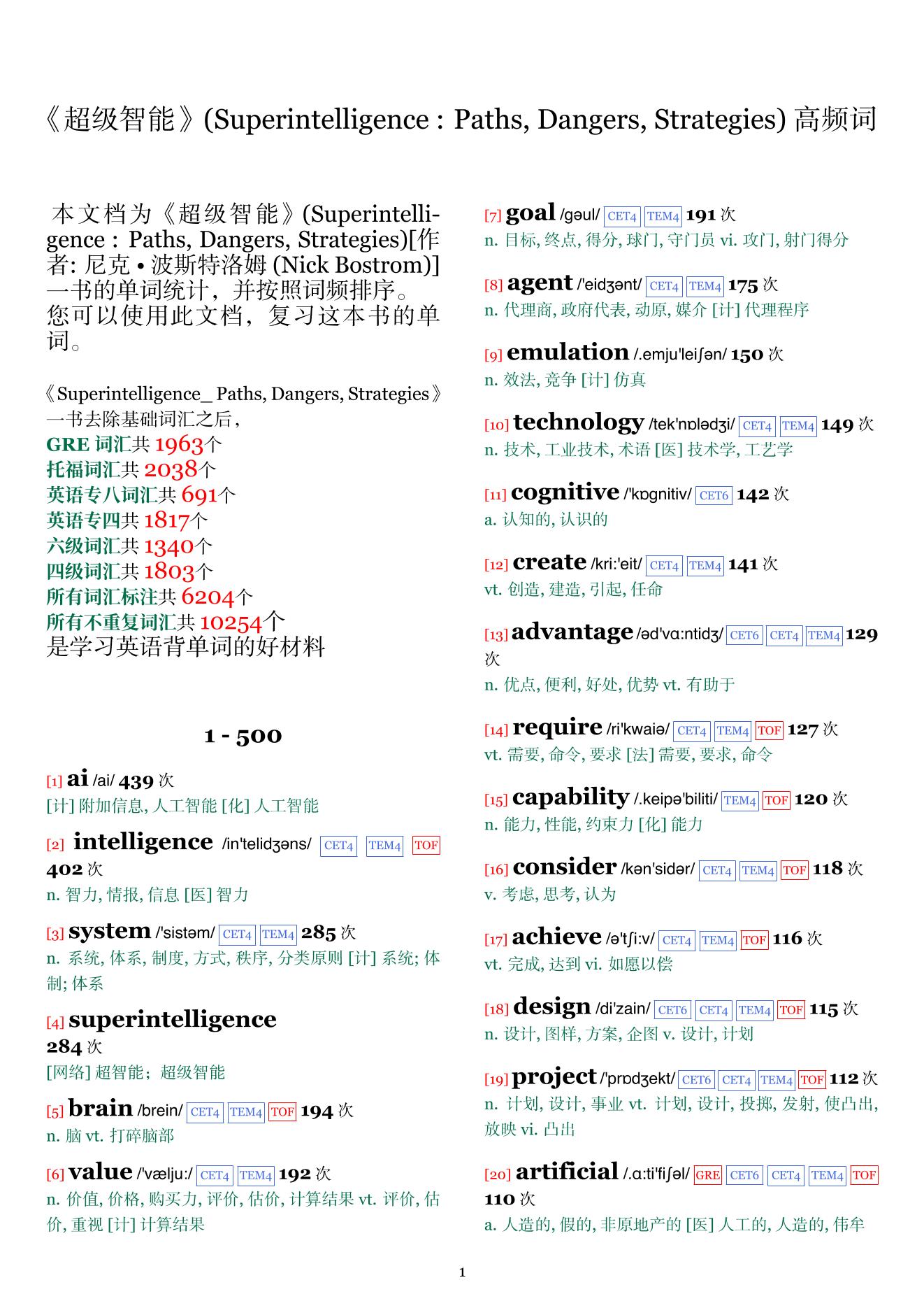 Superintelligence : Paths, Dangers, Strategies词频统计