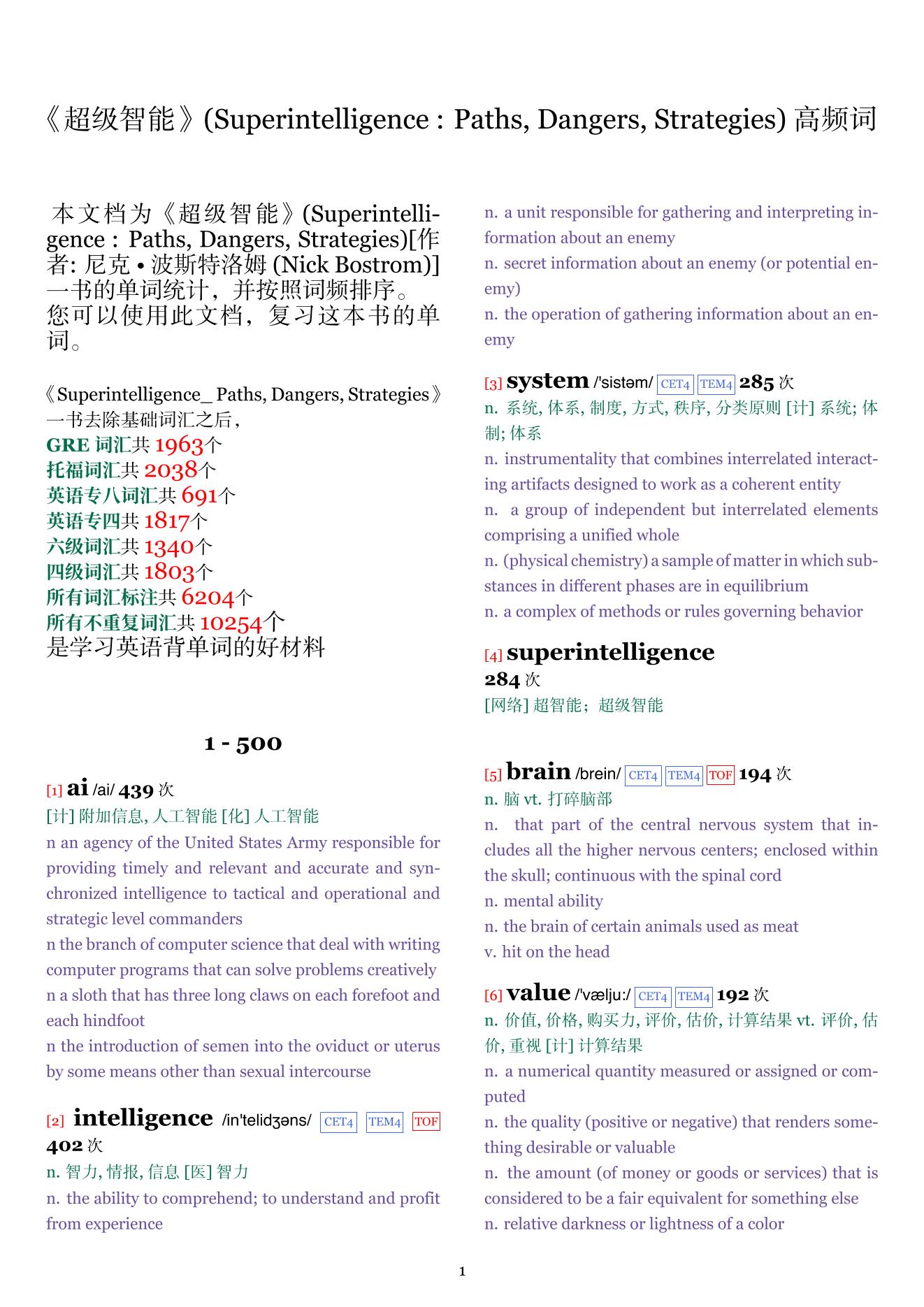 Superintelligence : Paths, Dangers, Strategies词频统计