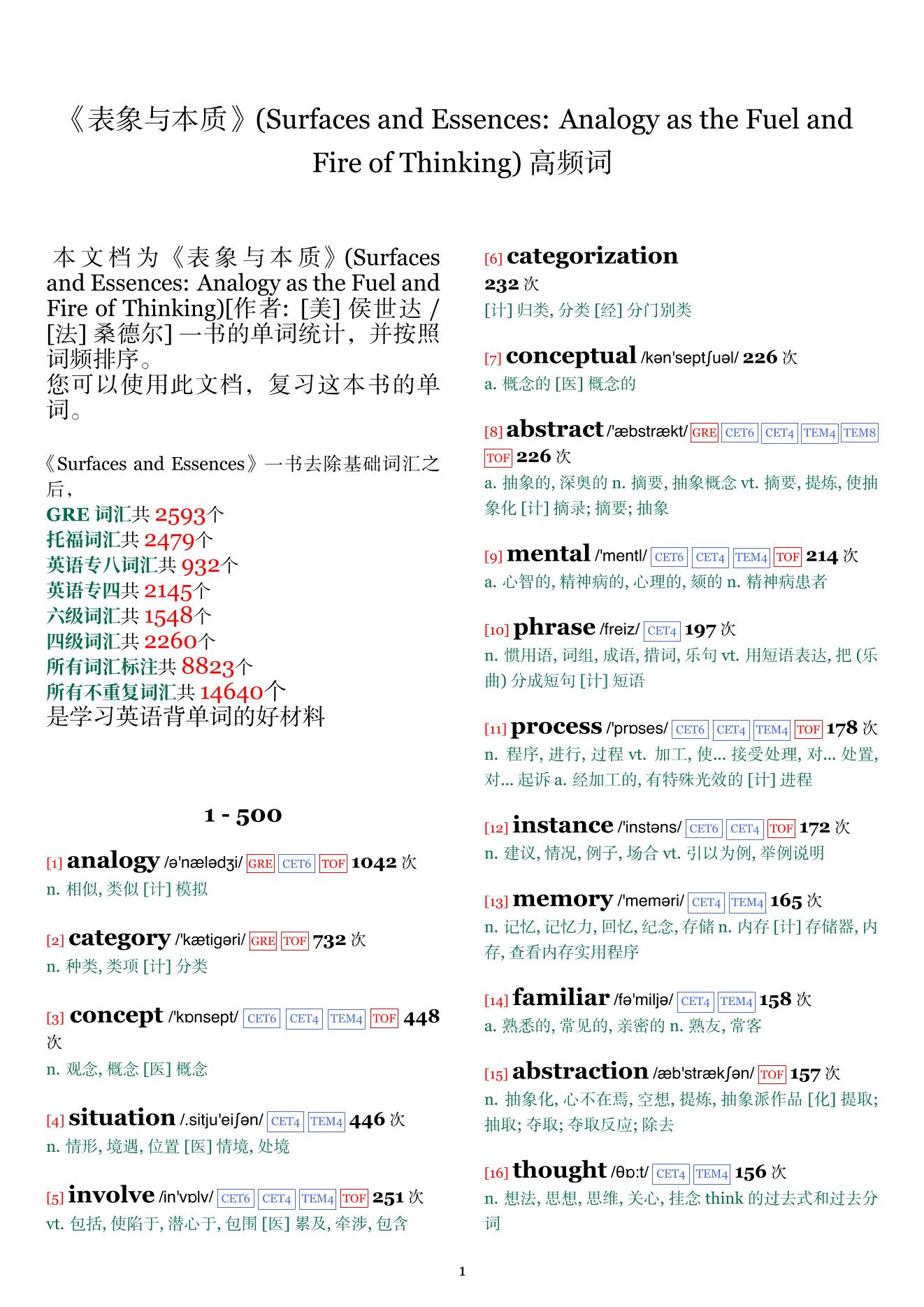 Surfaces and Essences: Analogy as the Fuel and Fire of Thinking词频统计