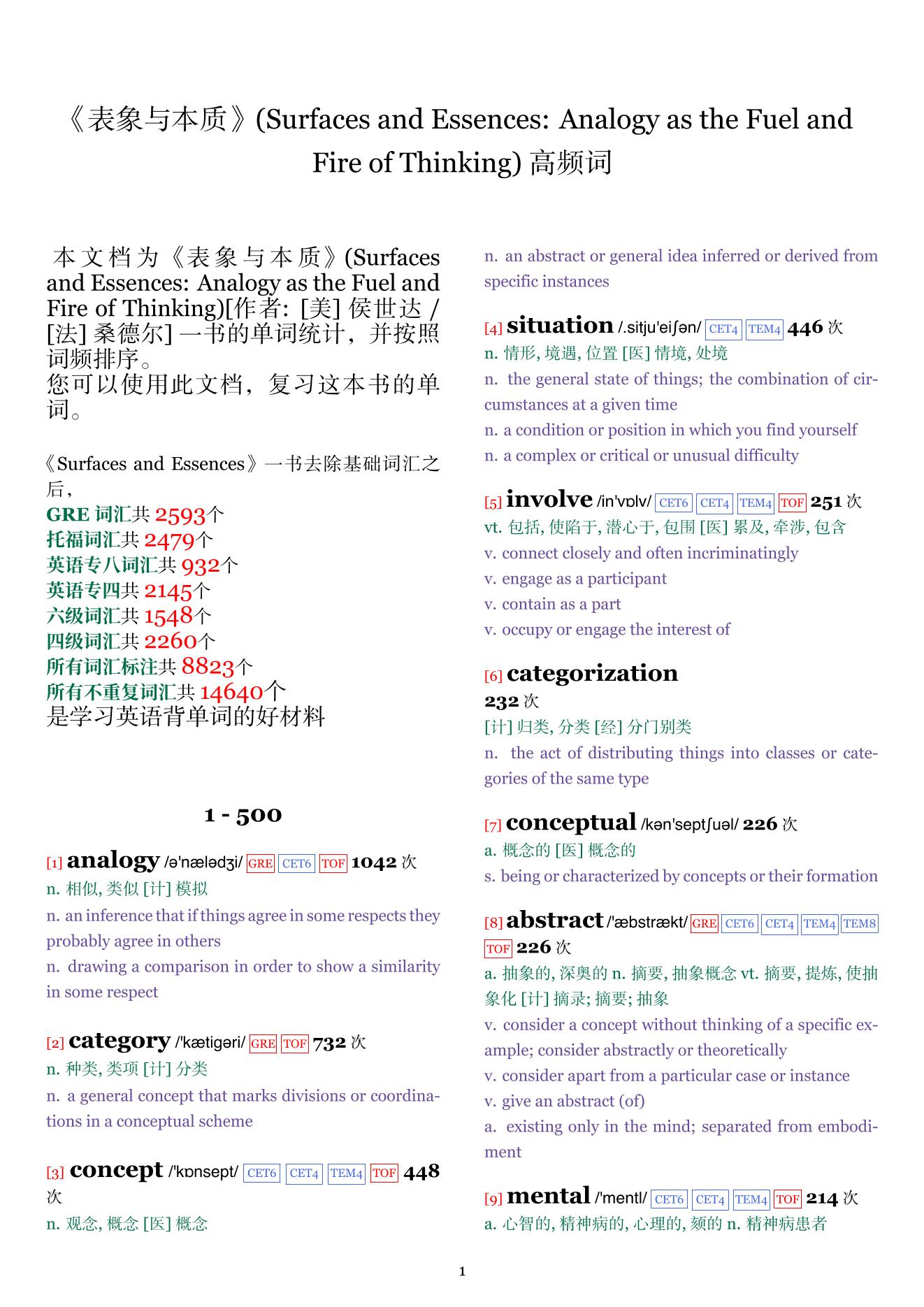 Surfaces and Essences: Analogy as the Fuel and Fire of Thinking词频统计