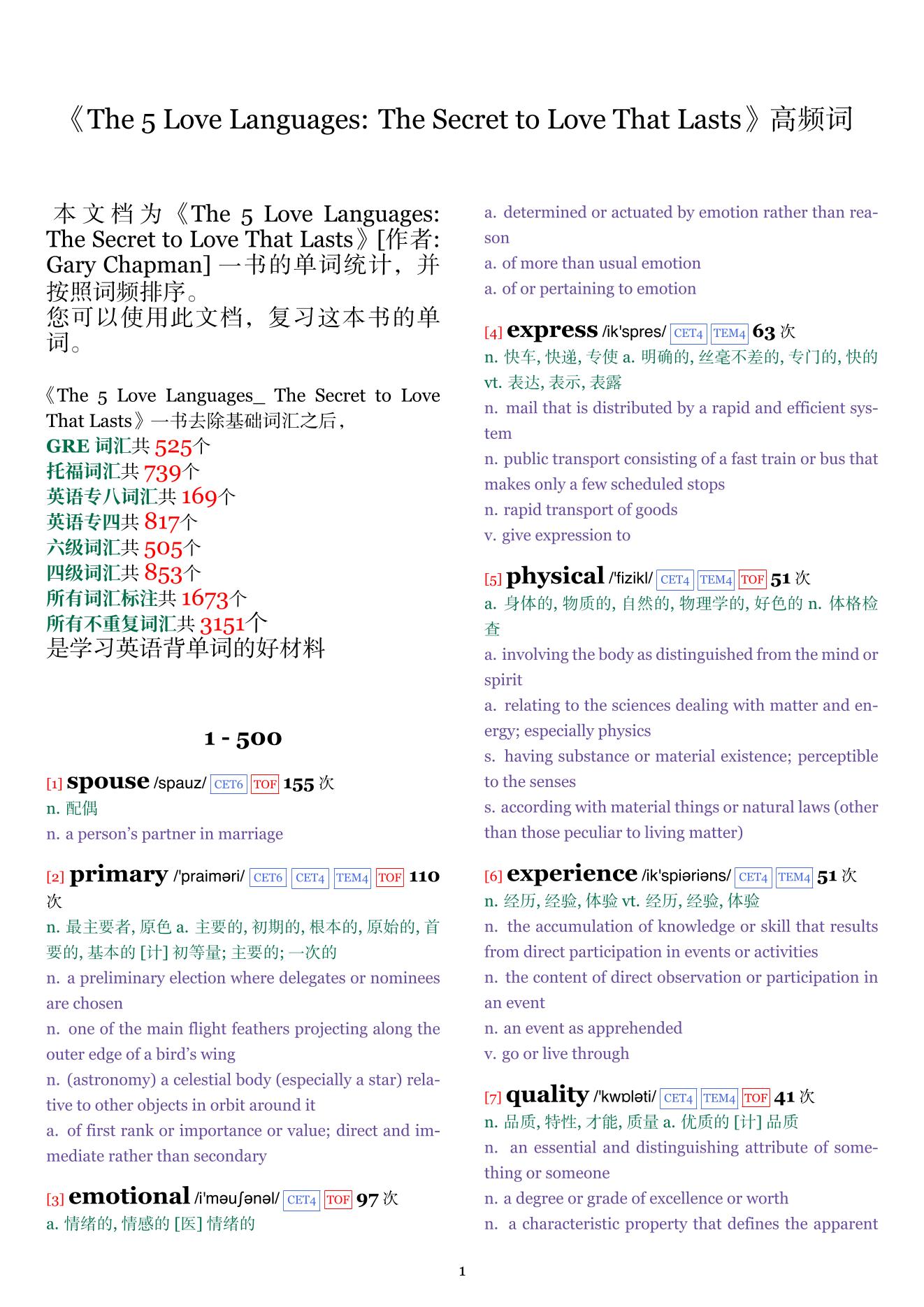 The 5 Love Languages: The Secret to Love That Lasts词频统计