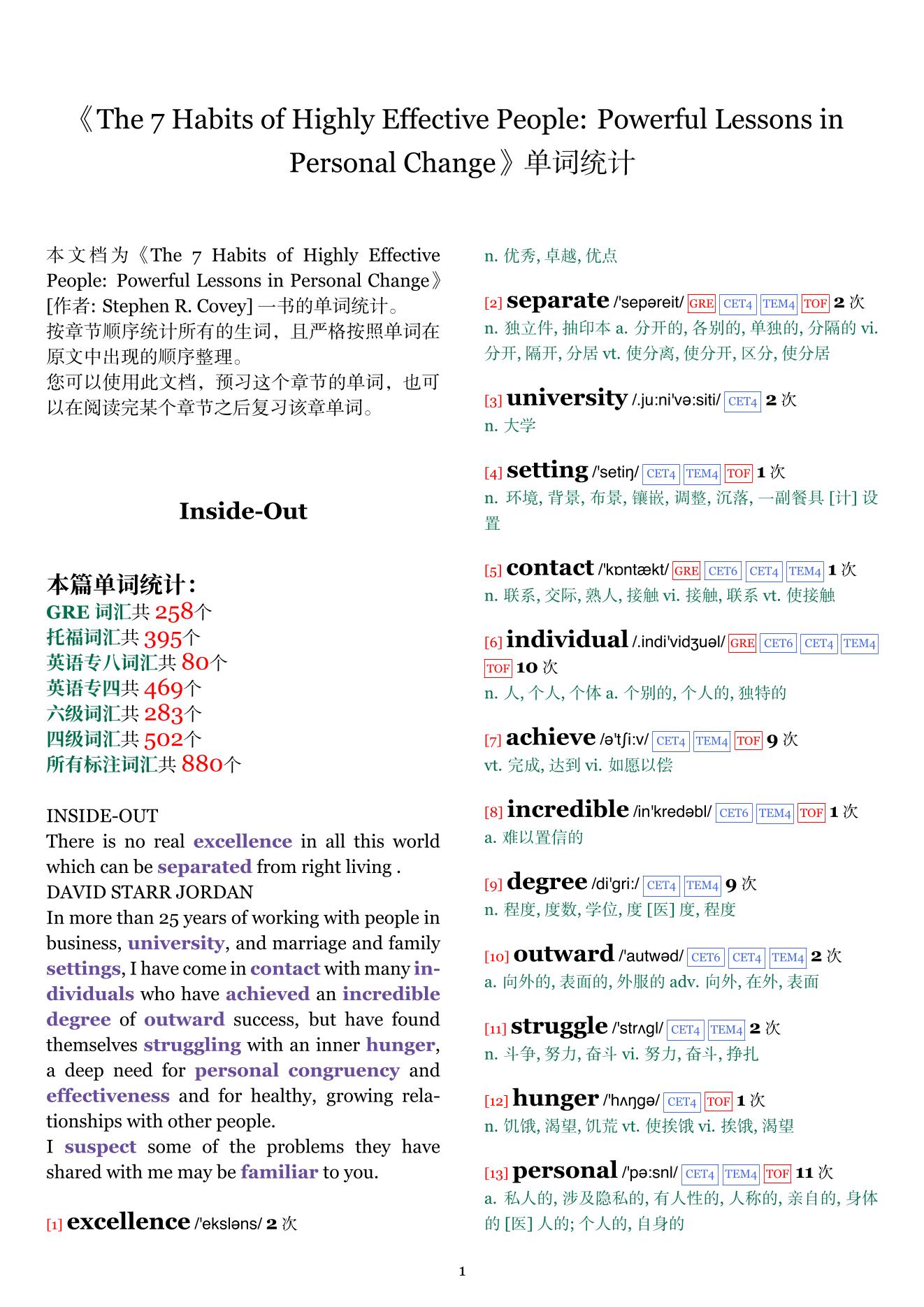 The 7 Habits of Highly Effective People: Powerful Lessons in Personal Change章节单词统计
