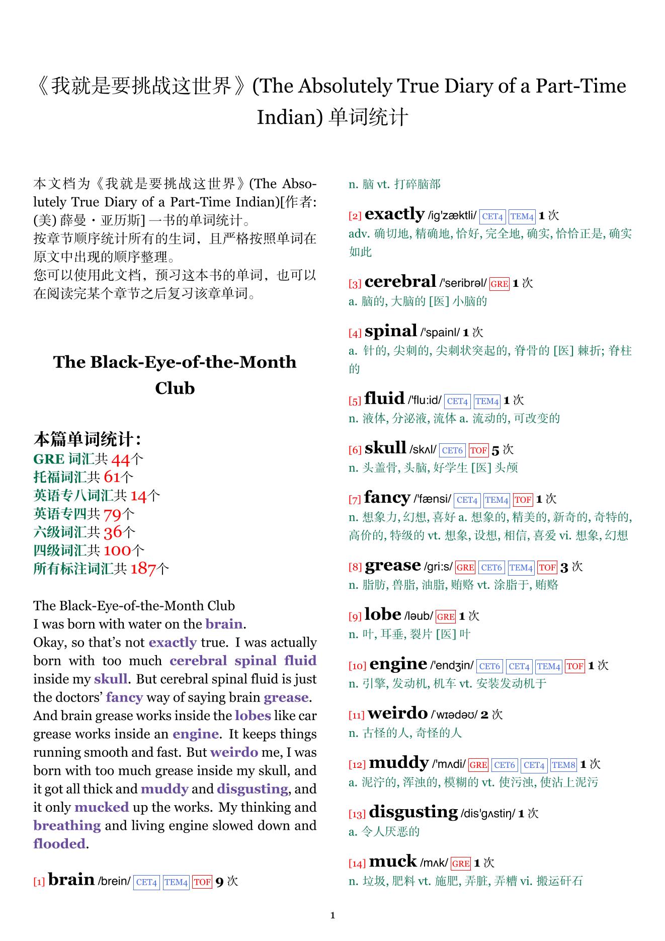 The Absolutely True Diary of a Part-Time Indian章节单词统计