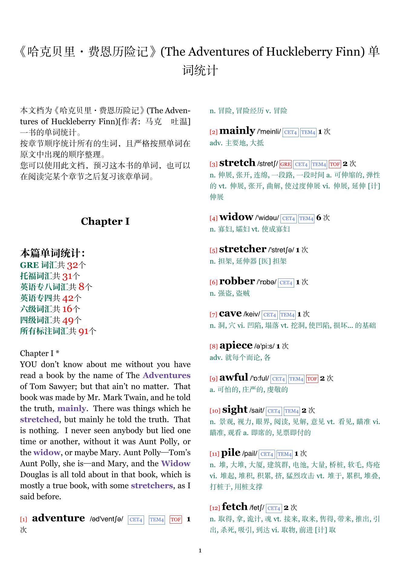 The Adventures of Huckleberry Finn章节单词统计