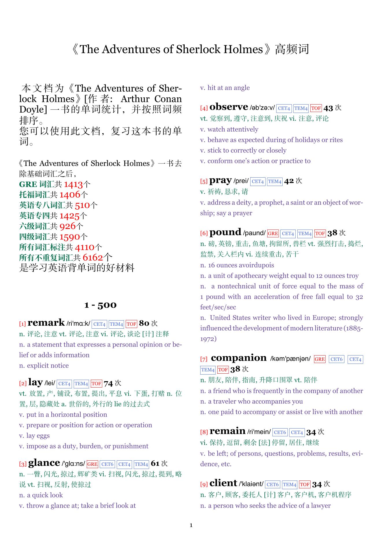 The Adventures of Sherlock Holmes词频统计