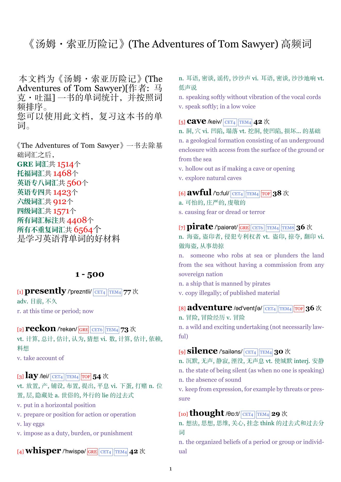 The Adventures of Tom Sawyer词频统计