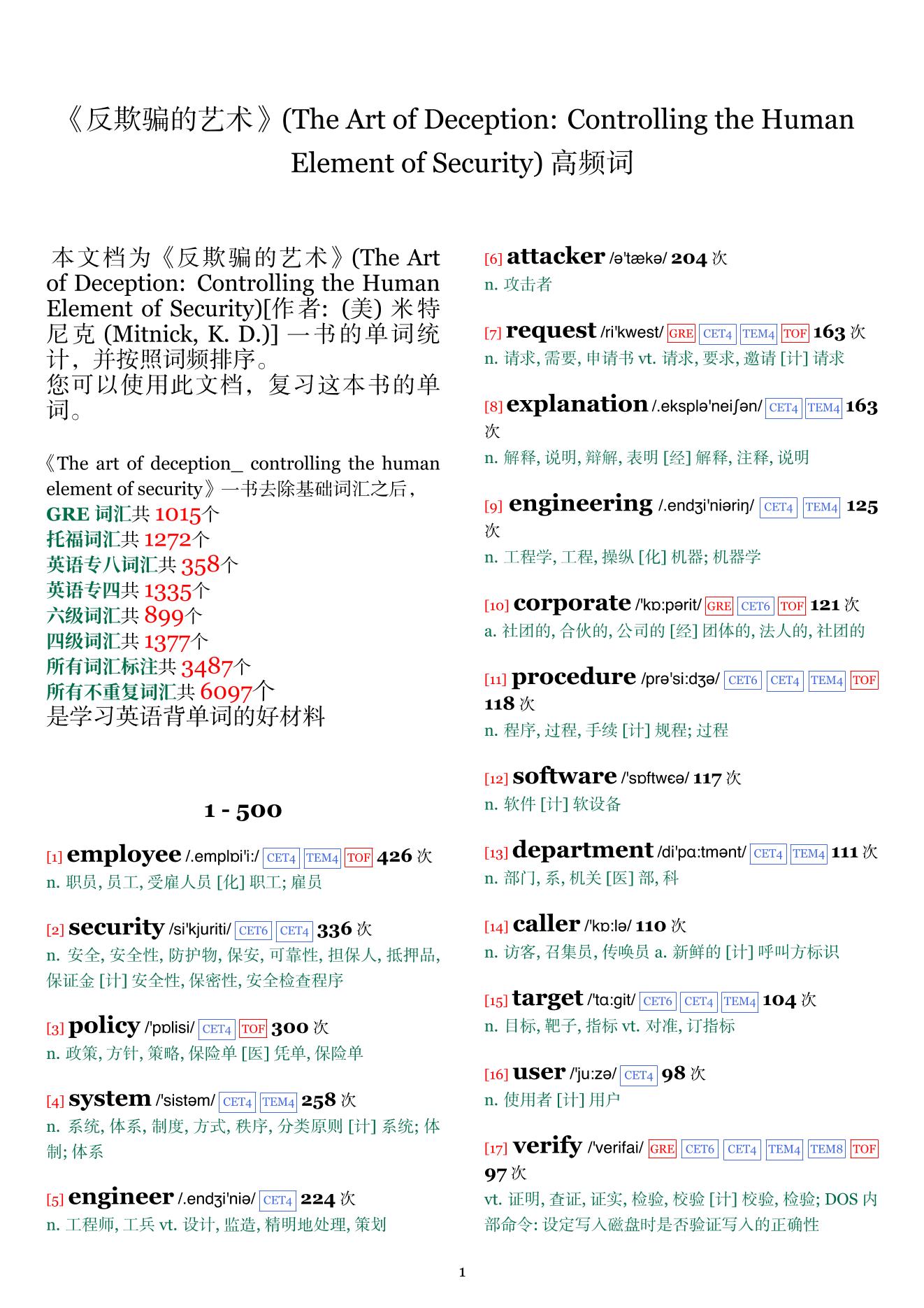 The Art of Deception: Controlling the Human Element of Security词频统计