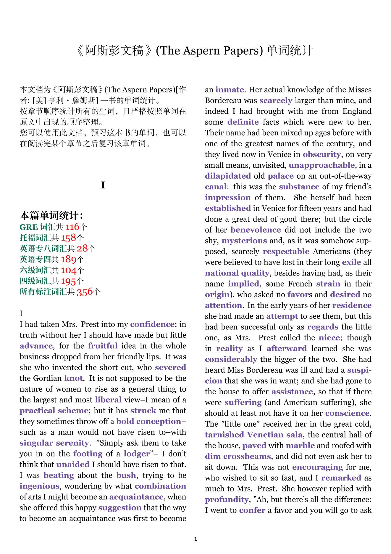 The Aspern Papers章节单词统计
