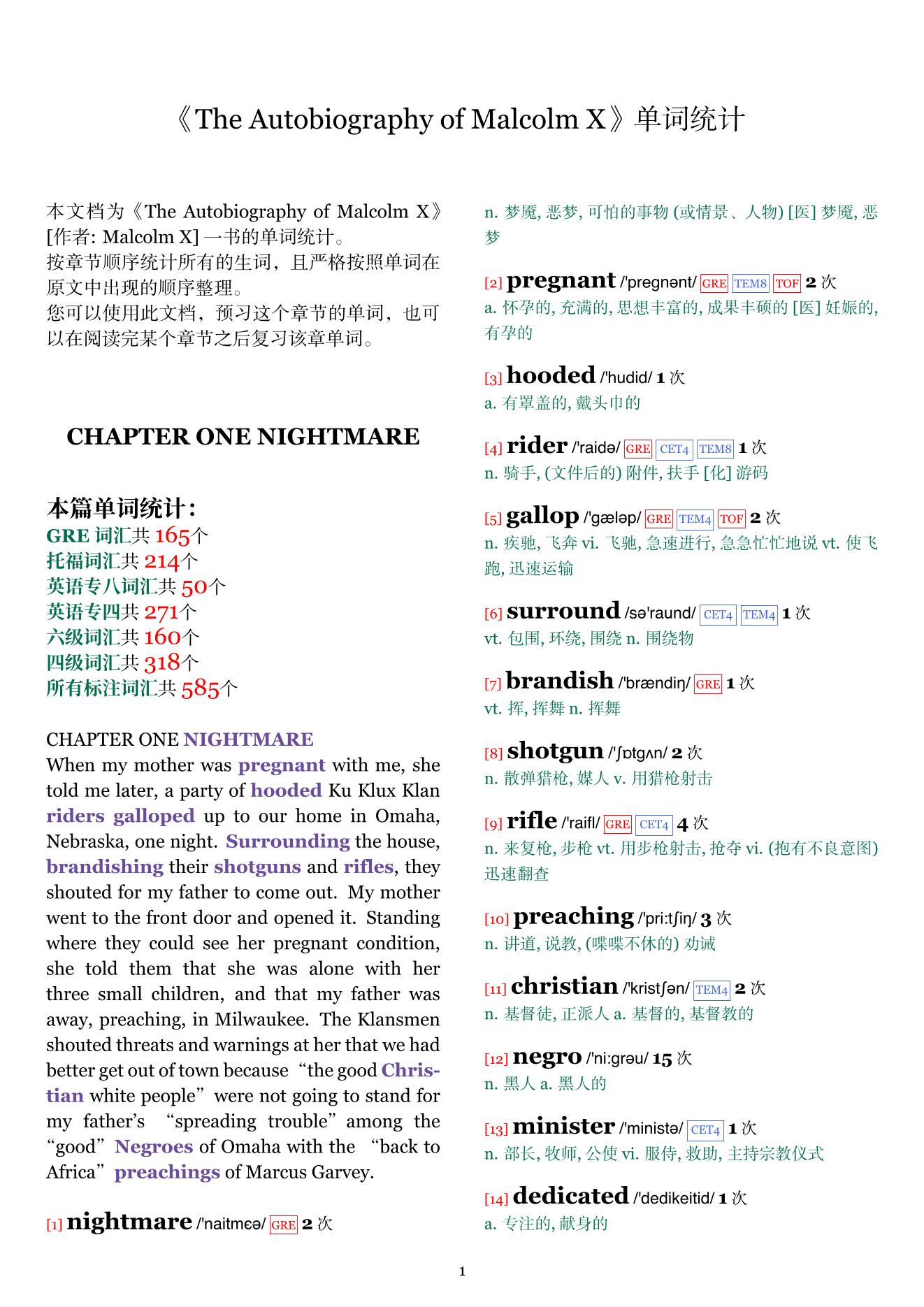 The Autobiography of Malcolm X章节单词统计