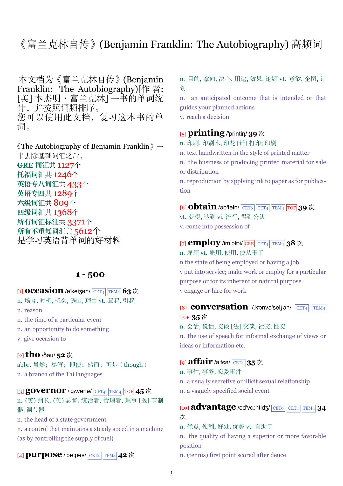 Benjamin Franklin: The Autobiography词频统计