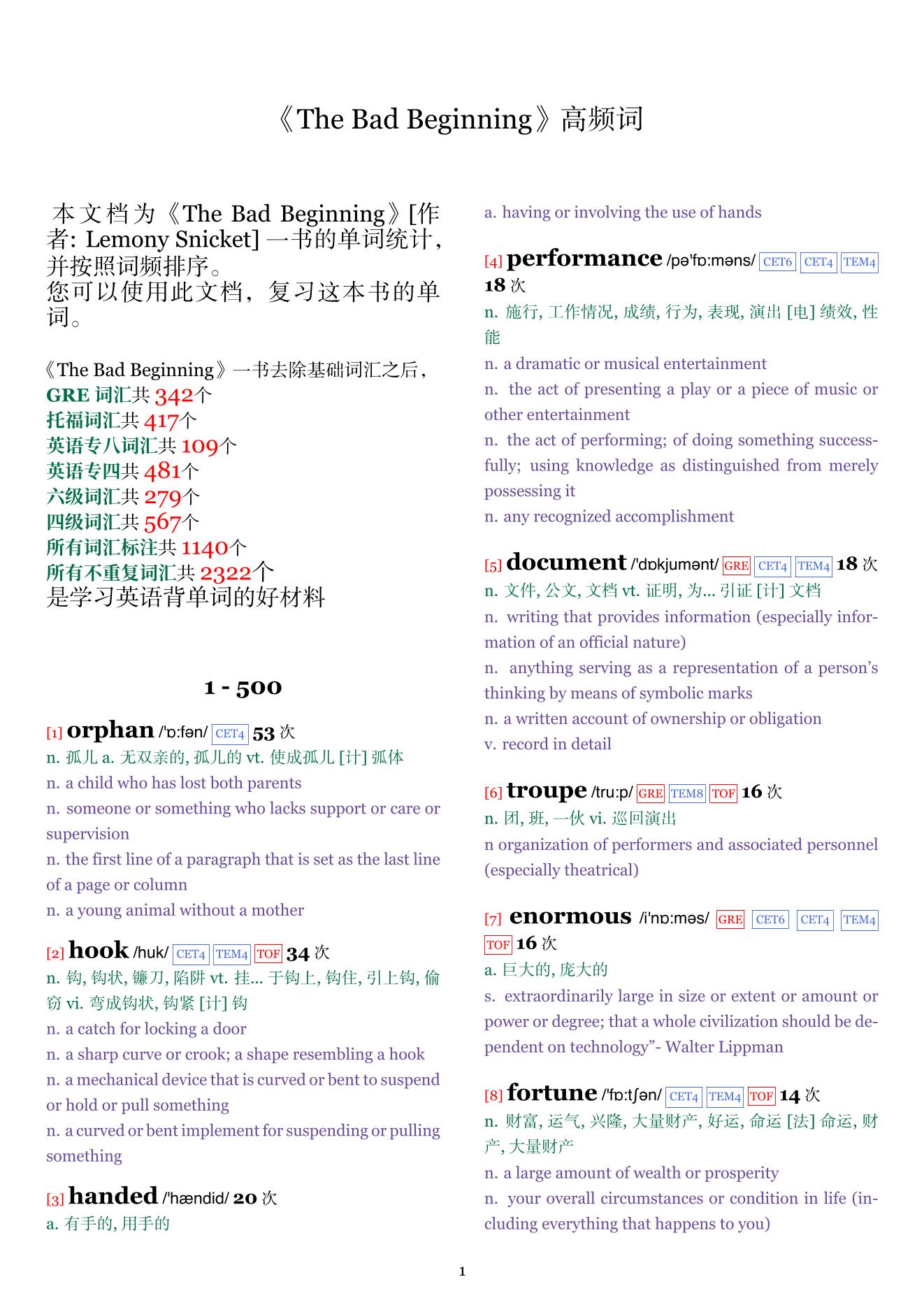 The Bad Beginning词频统计