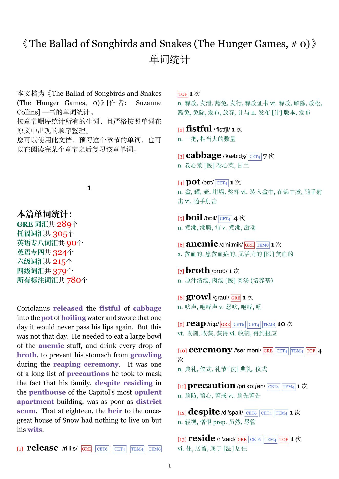 The Ballad of Songbirds and Snakes (The Hunger Games, #0)章节单词统计