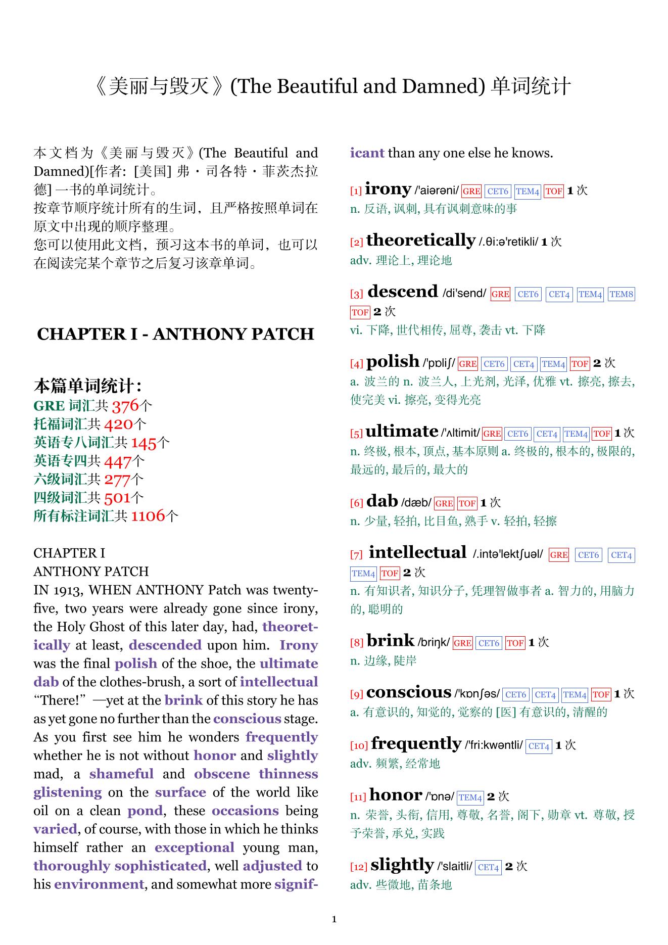 The Beautiful and Damned章节单词统计