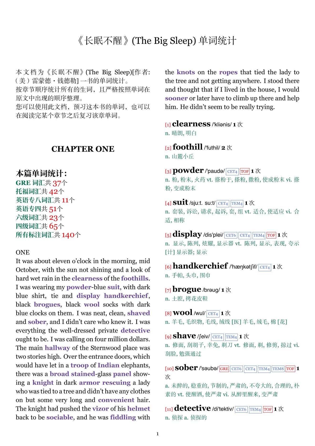 The Big Sleep章节单词统计