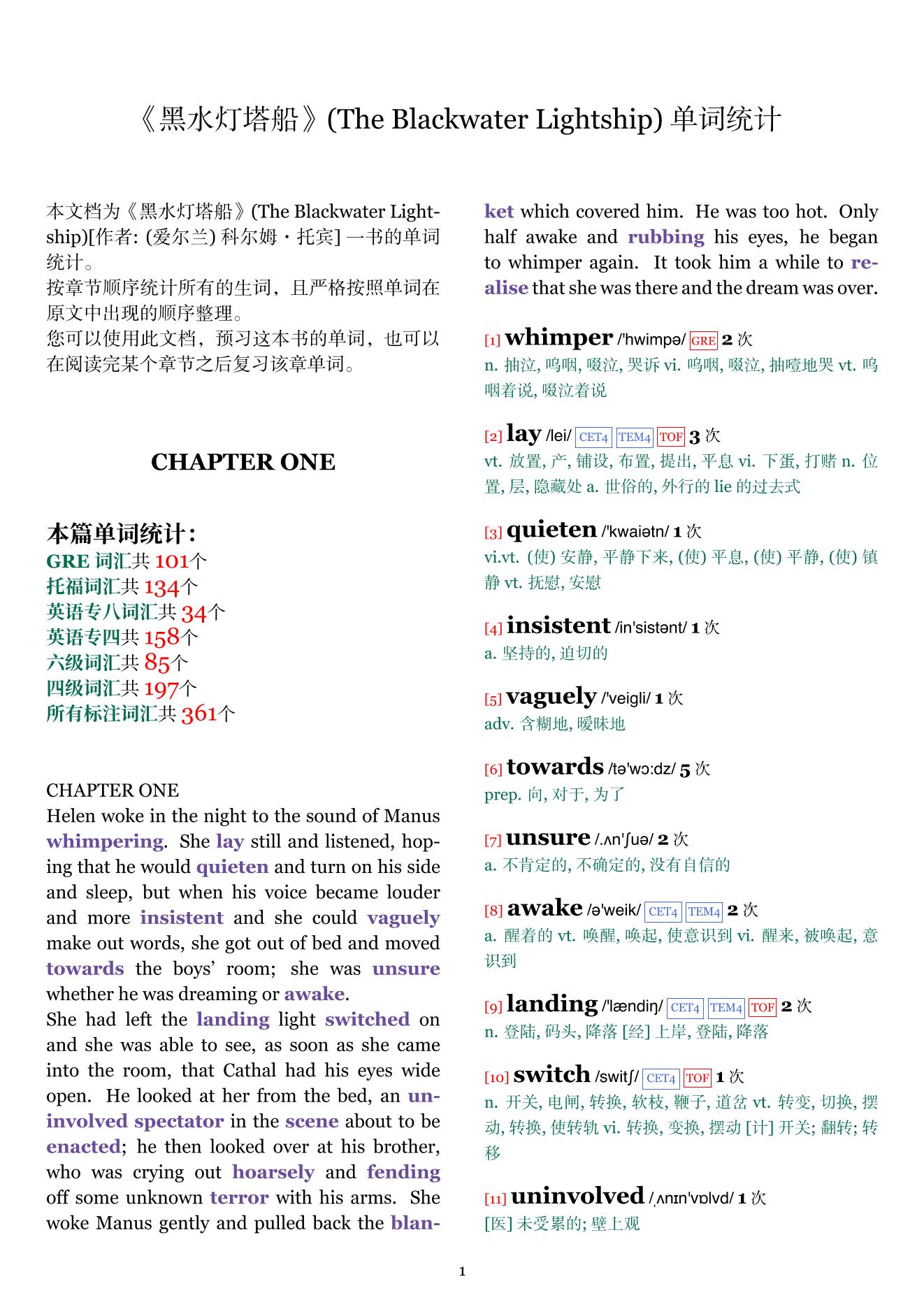 The Blackwater Lightship章节单词统计