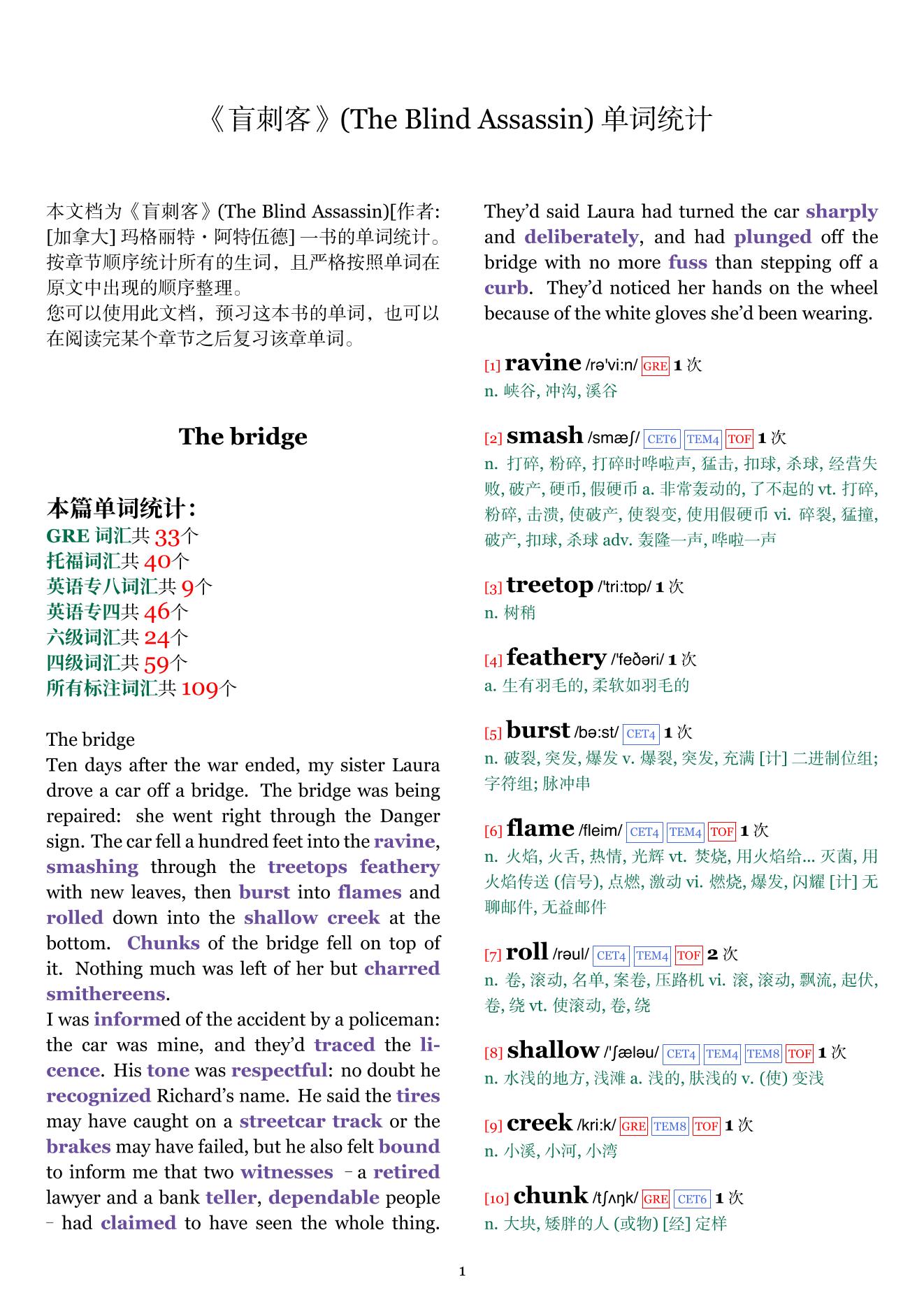 The Blind Assassin章节单词统计