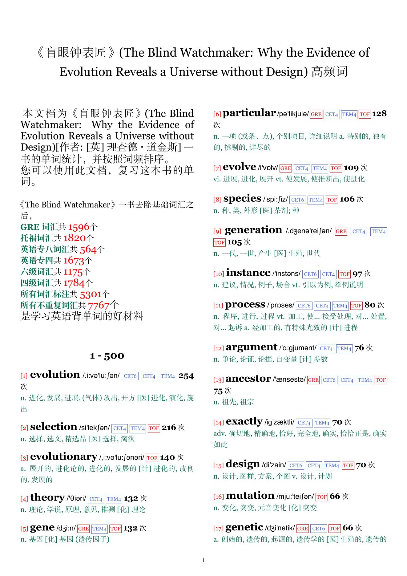 The Blind Watchmaker: Why the Evidence of Evolution Reveals a Universe without Design词频统计