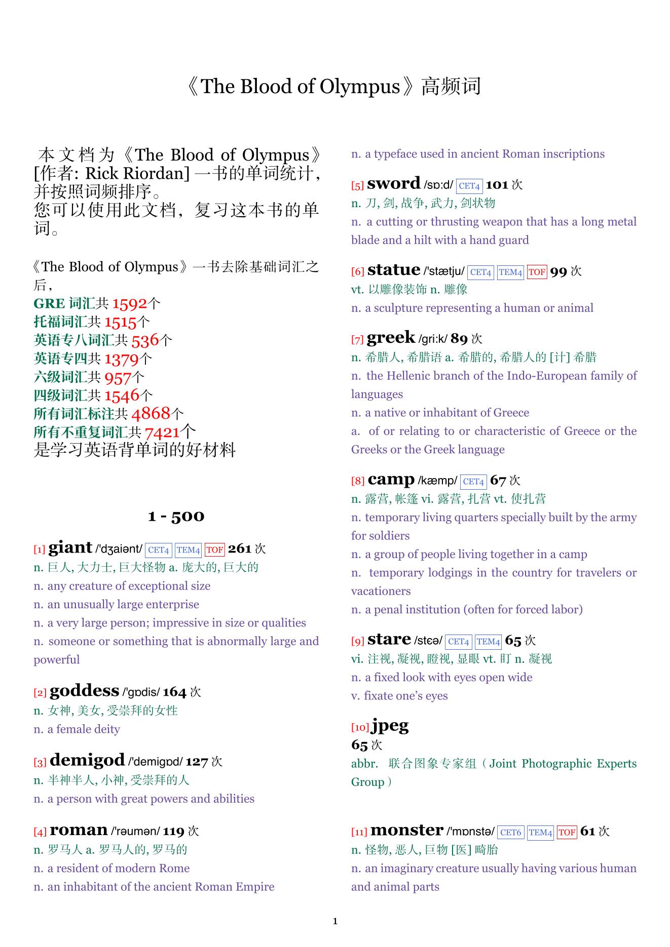The Blood of Olympus词频统计