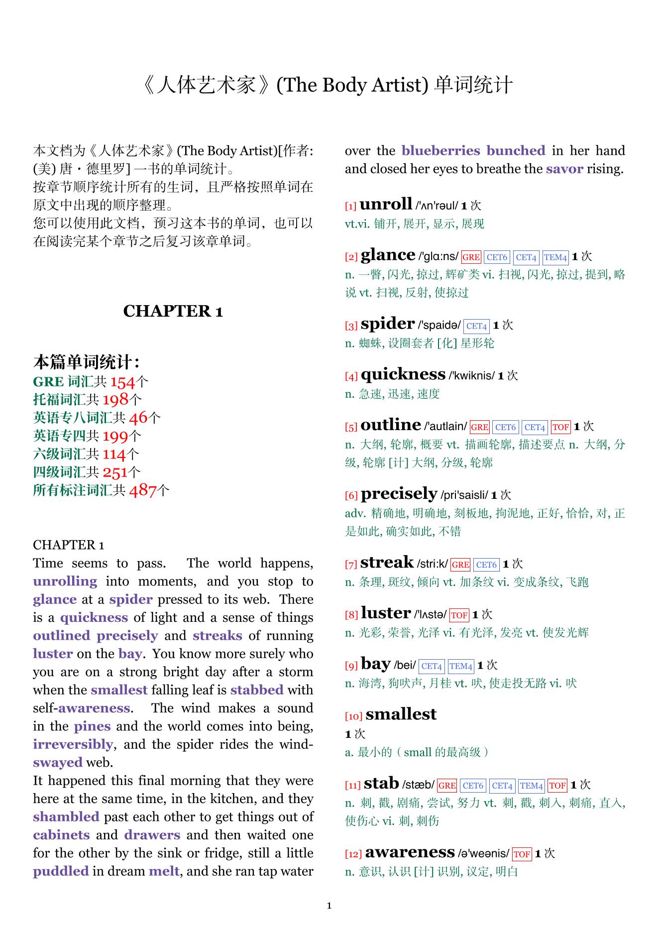 The Body Artist章节单词统计