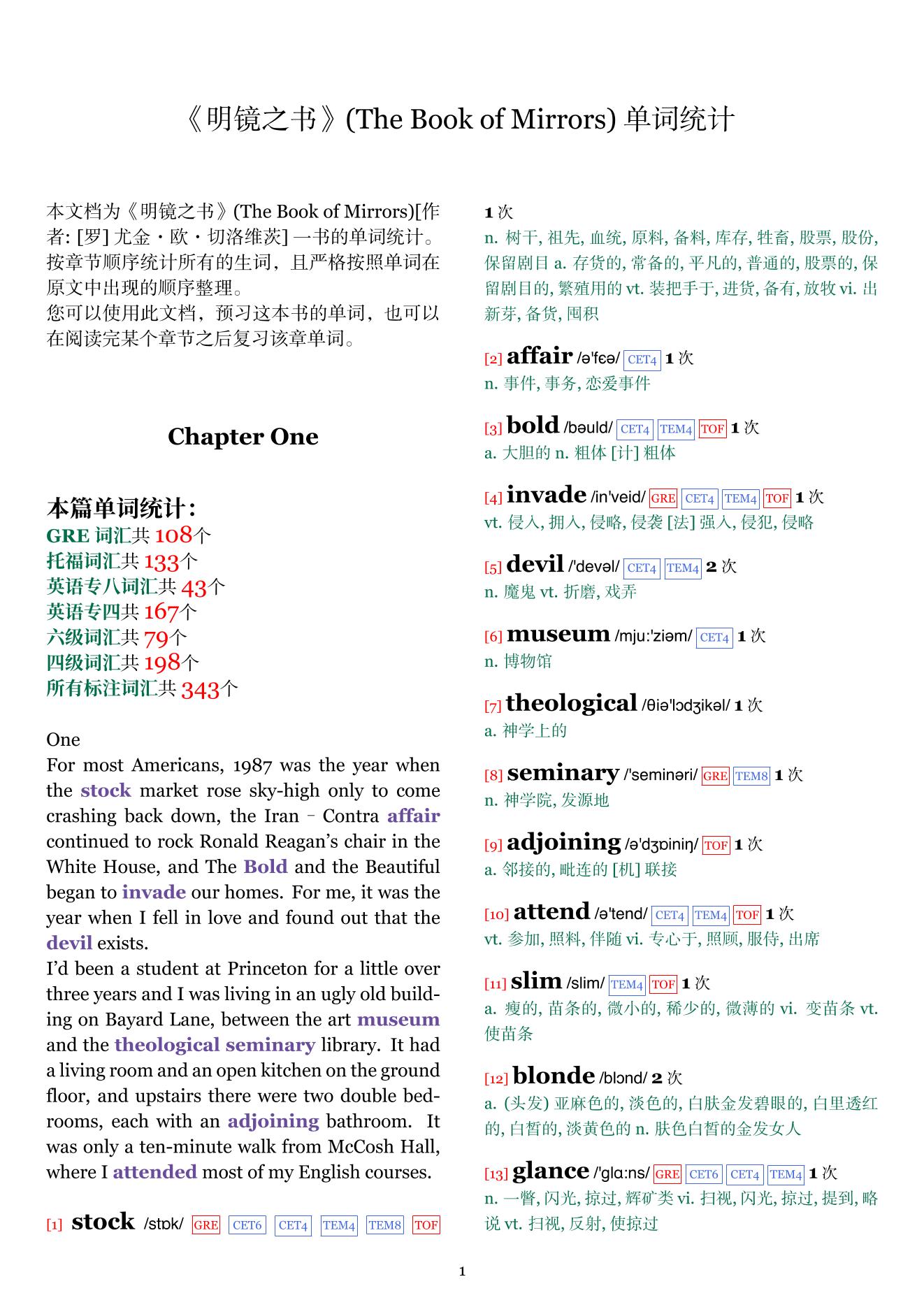 The Book of Mirrors章节单词统计