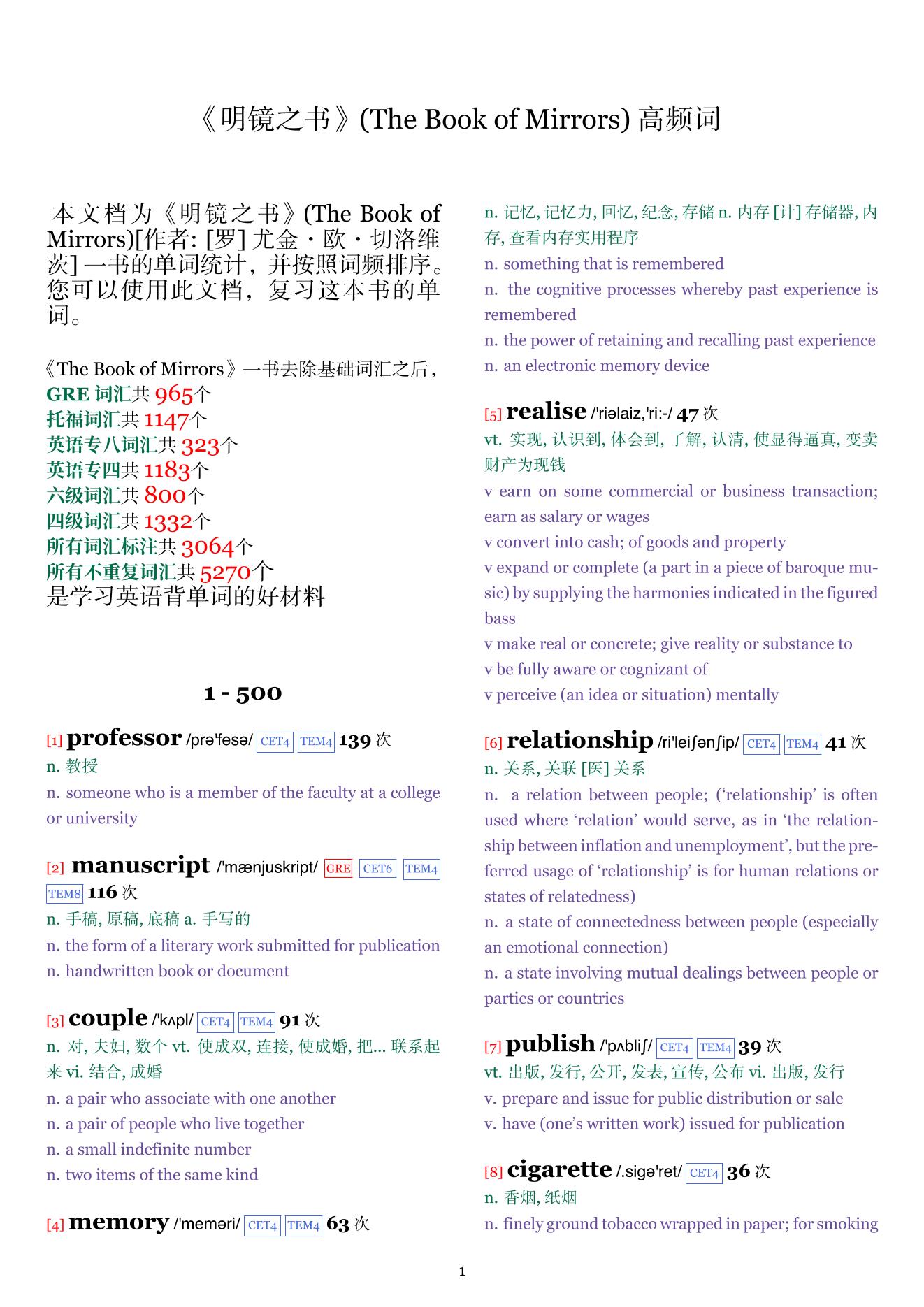 The Book of Mirrors词频统计