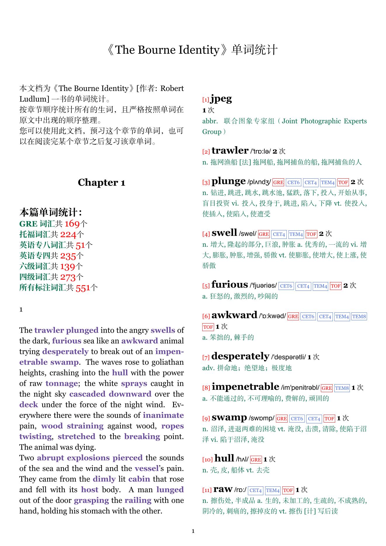 The Bourne Identity章节单词统计