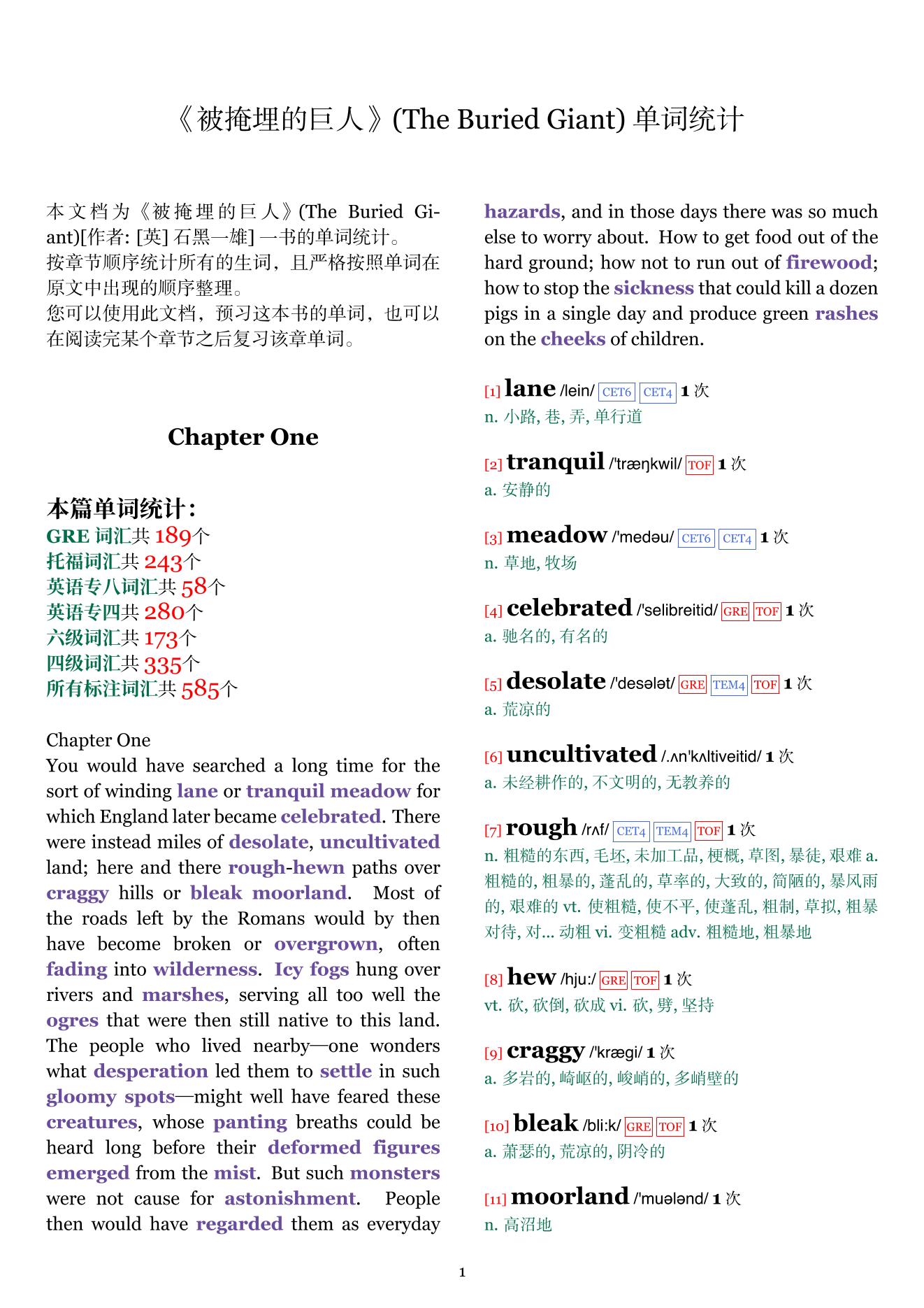 The Buried Giant章节单词统计