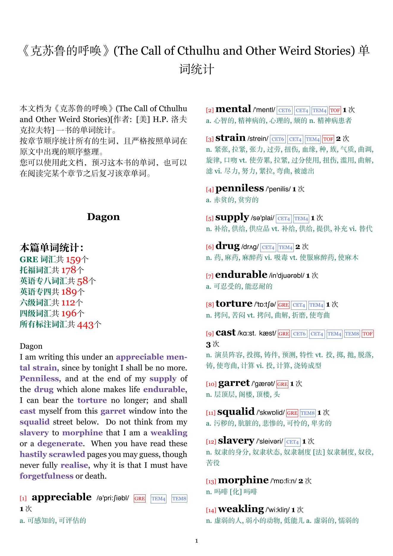 The Call of Cthulhu and Other Weird Stories章节单词统计