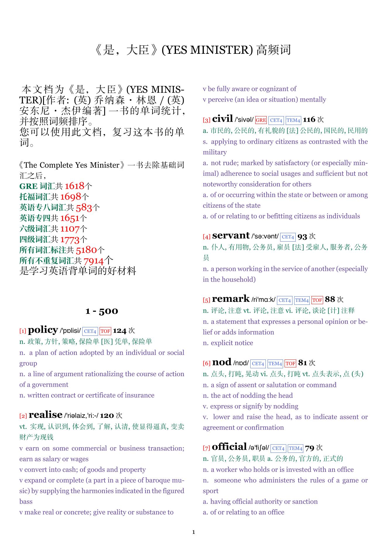 YES MINISTER词频统计