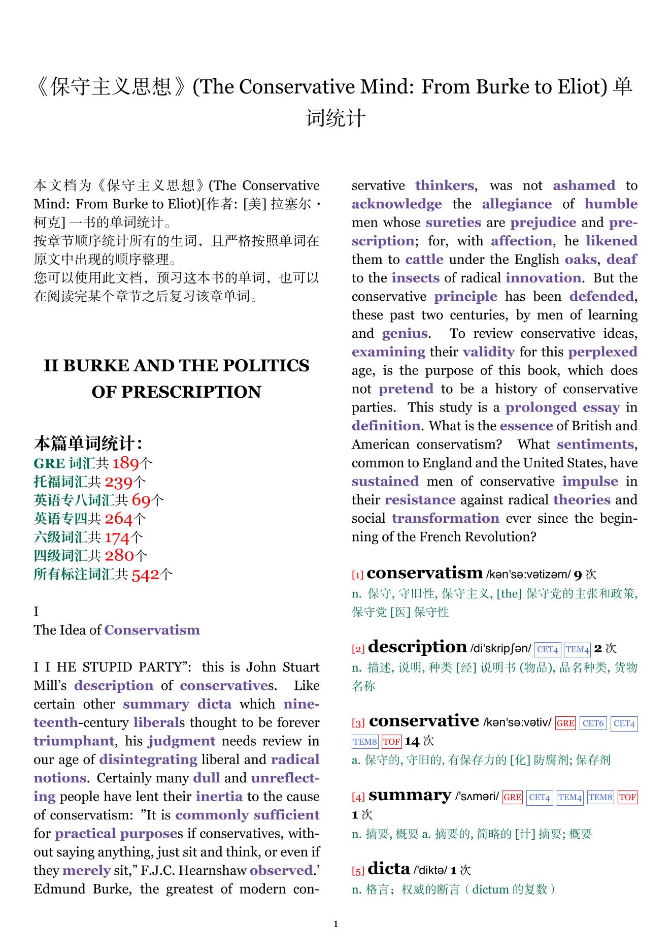 The Conservative Mind: From Burke to Eliot章节单词统计