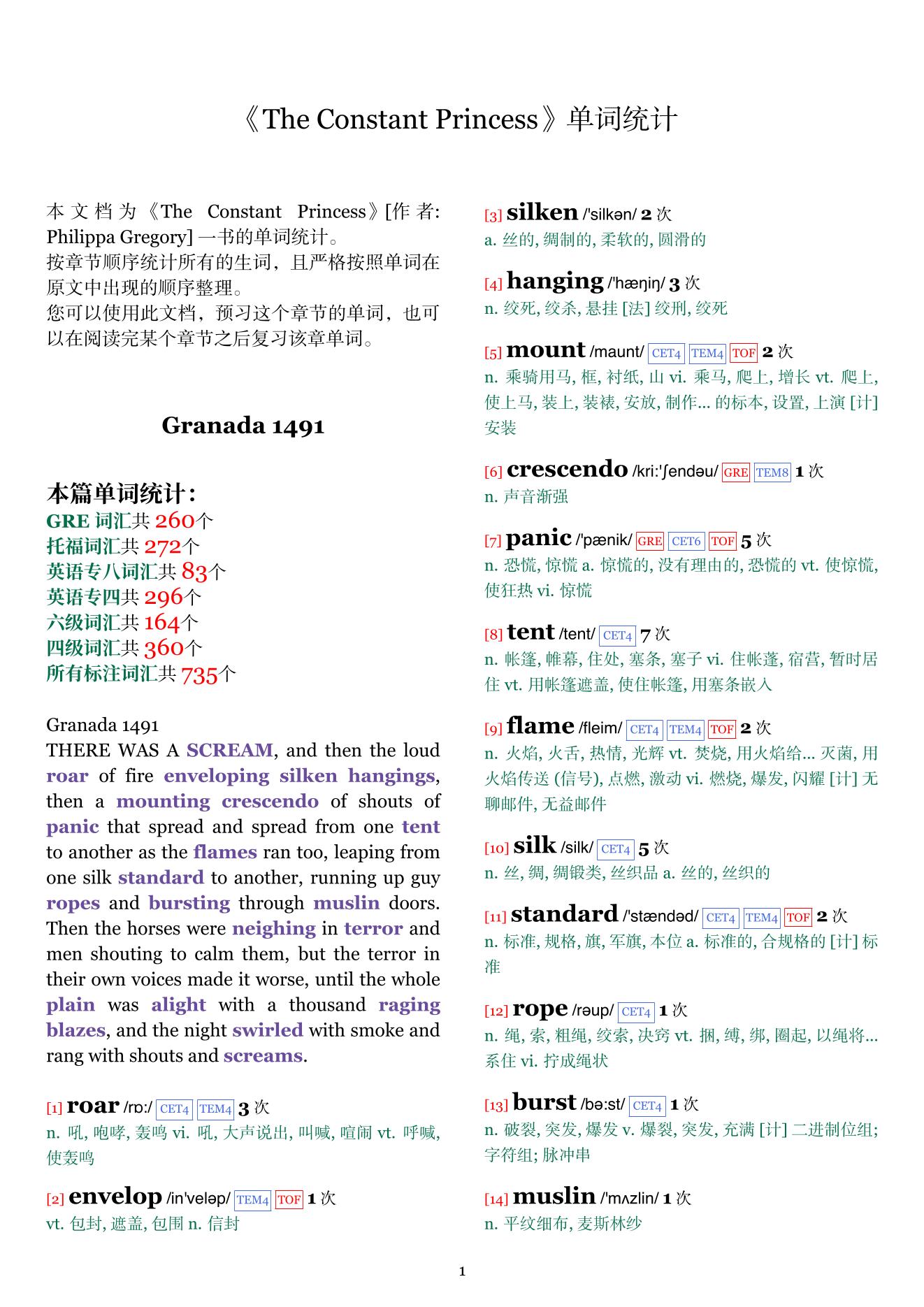 The Constant Princess章节单词统计