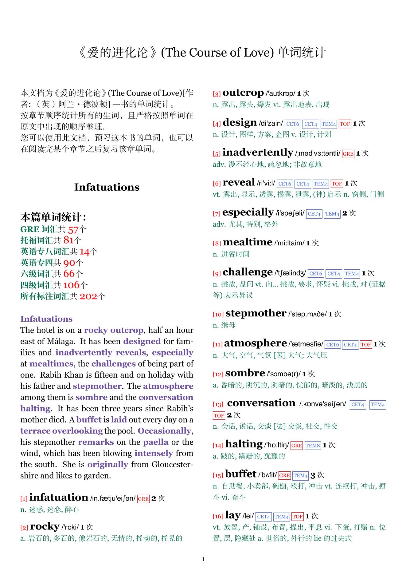 The Course of Love章节单词统计