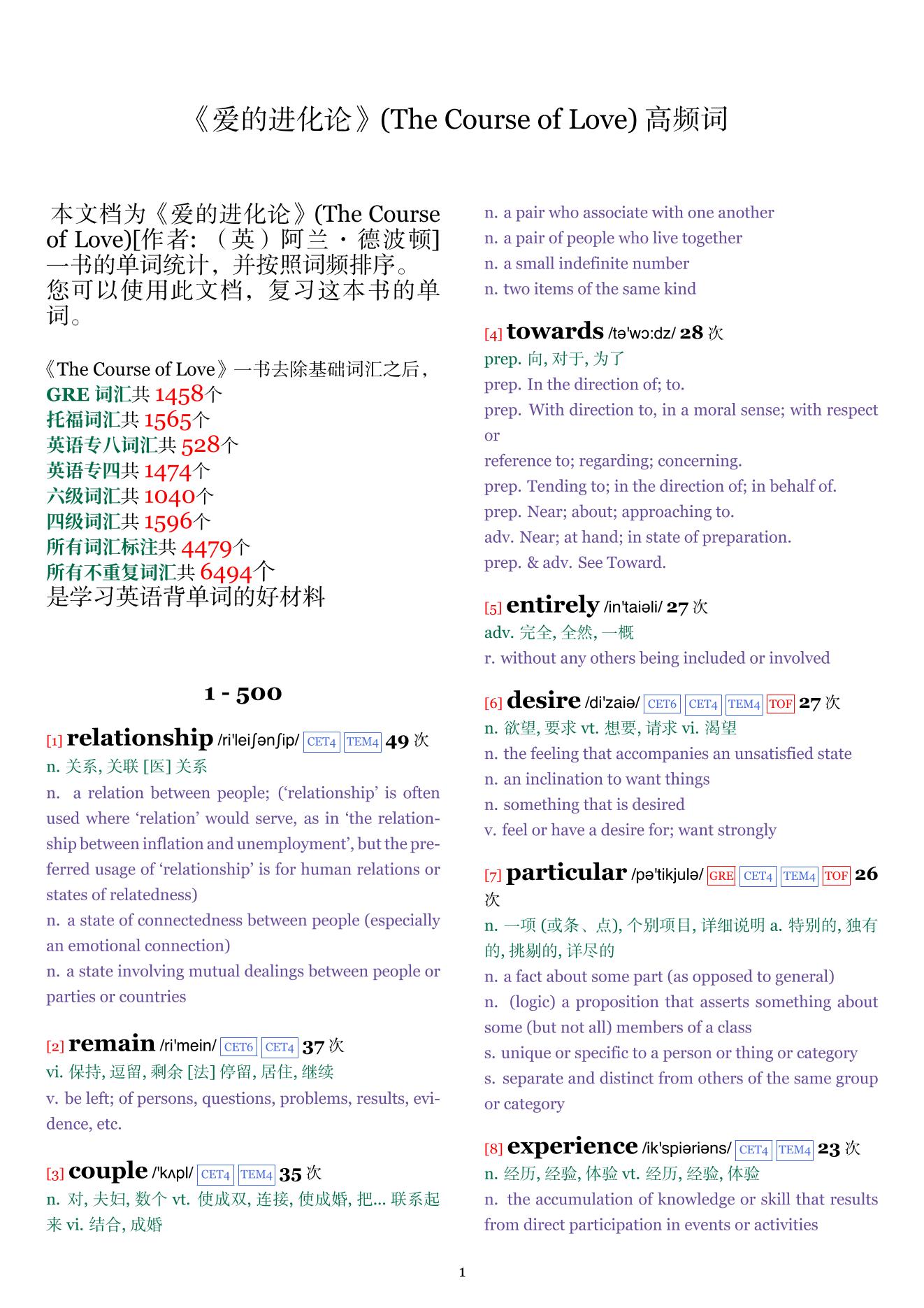 The Course of Love词频统计