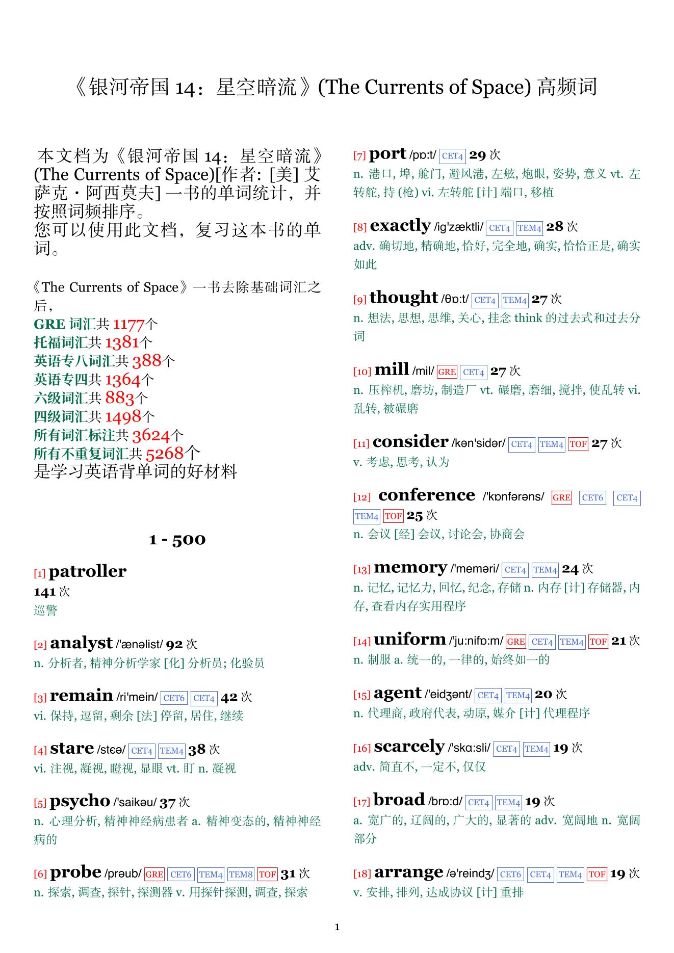 The Currents of Space词频统计