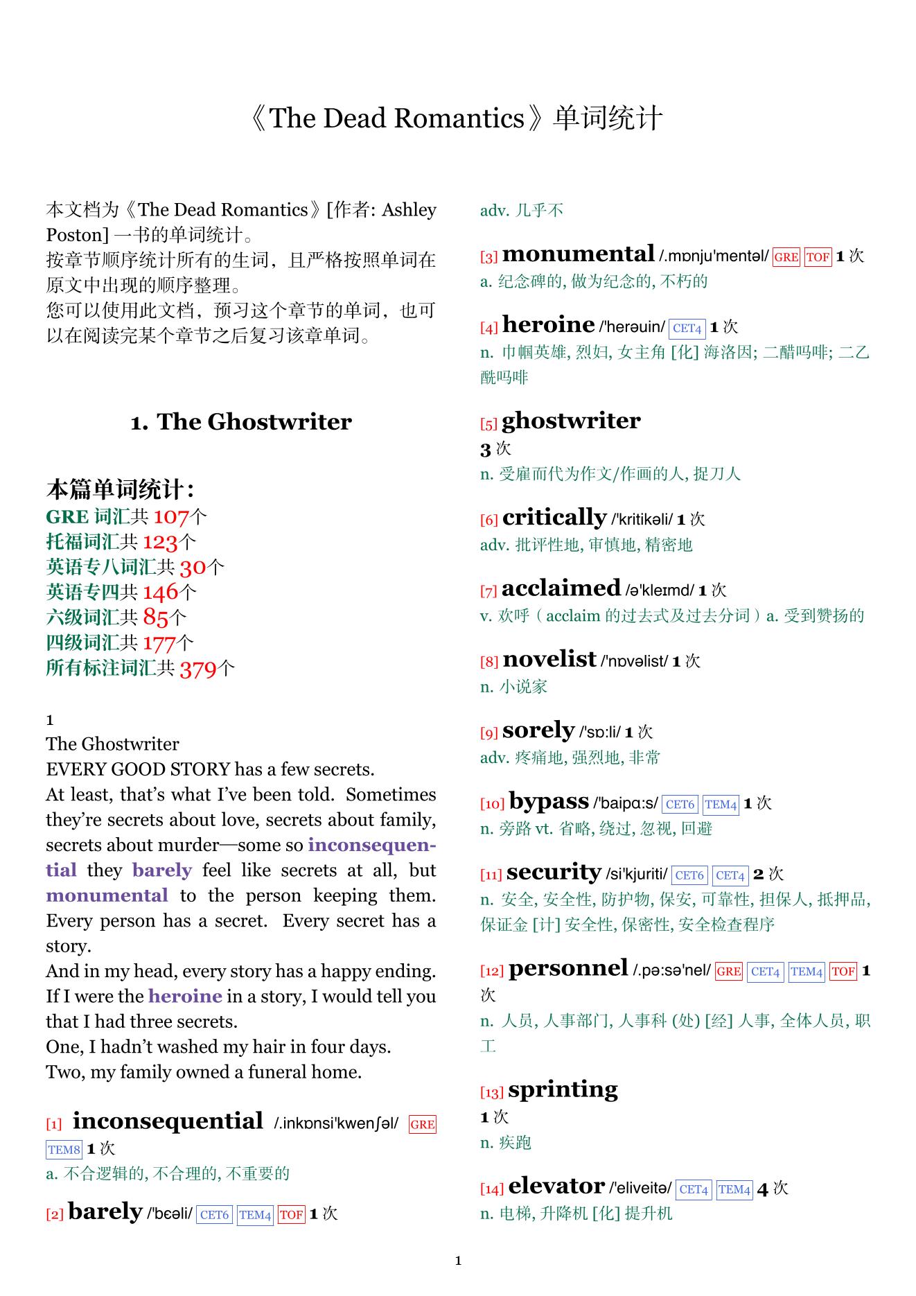 The Dead Romantics章节单词统计