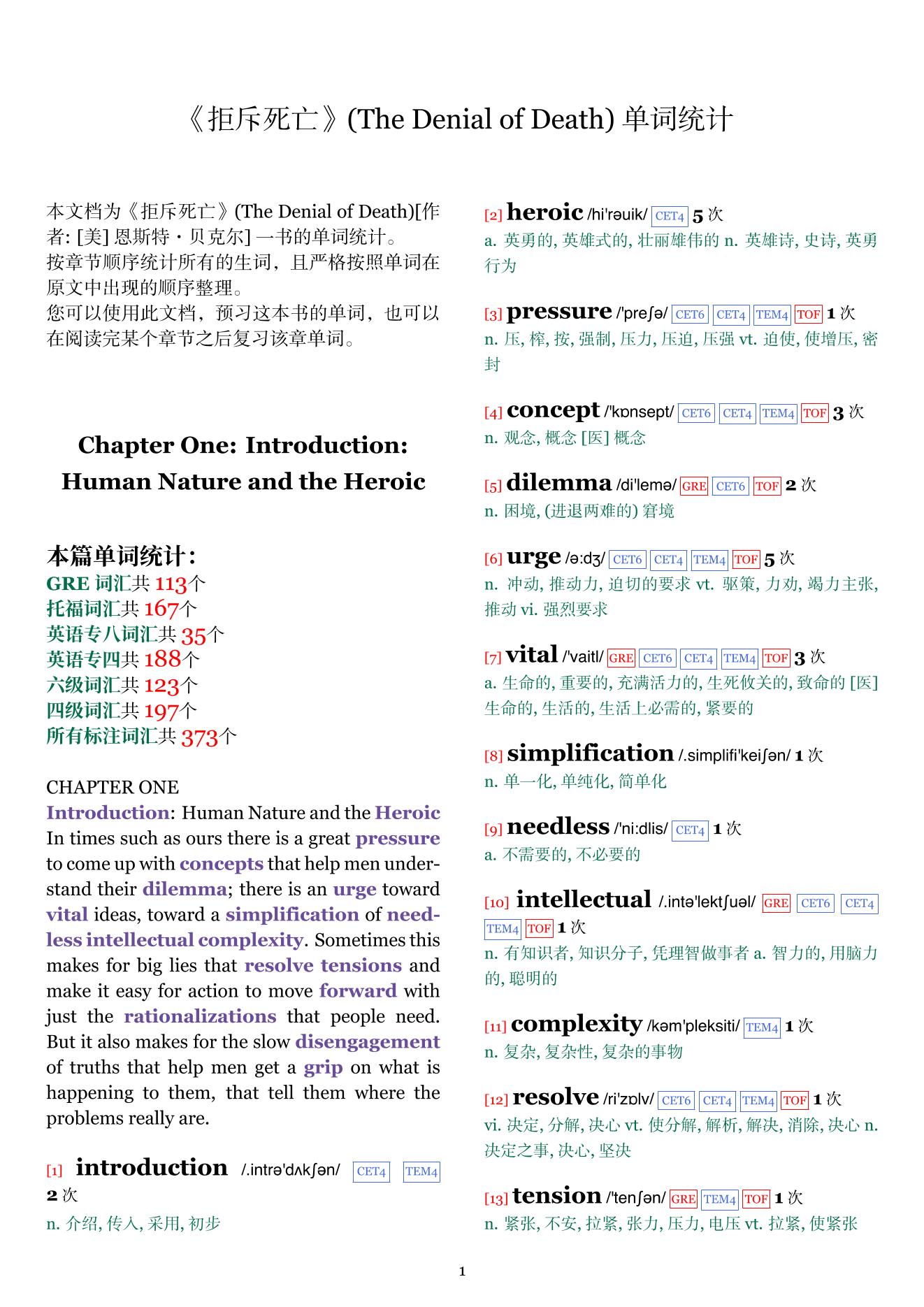 The Denial of Death章节单词统计
