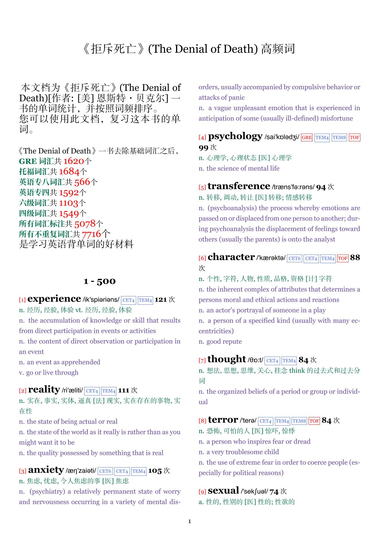 The Denial of Death词频统计