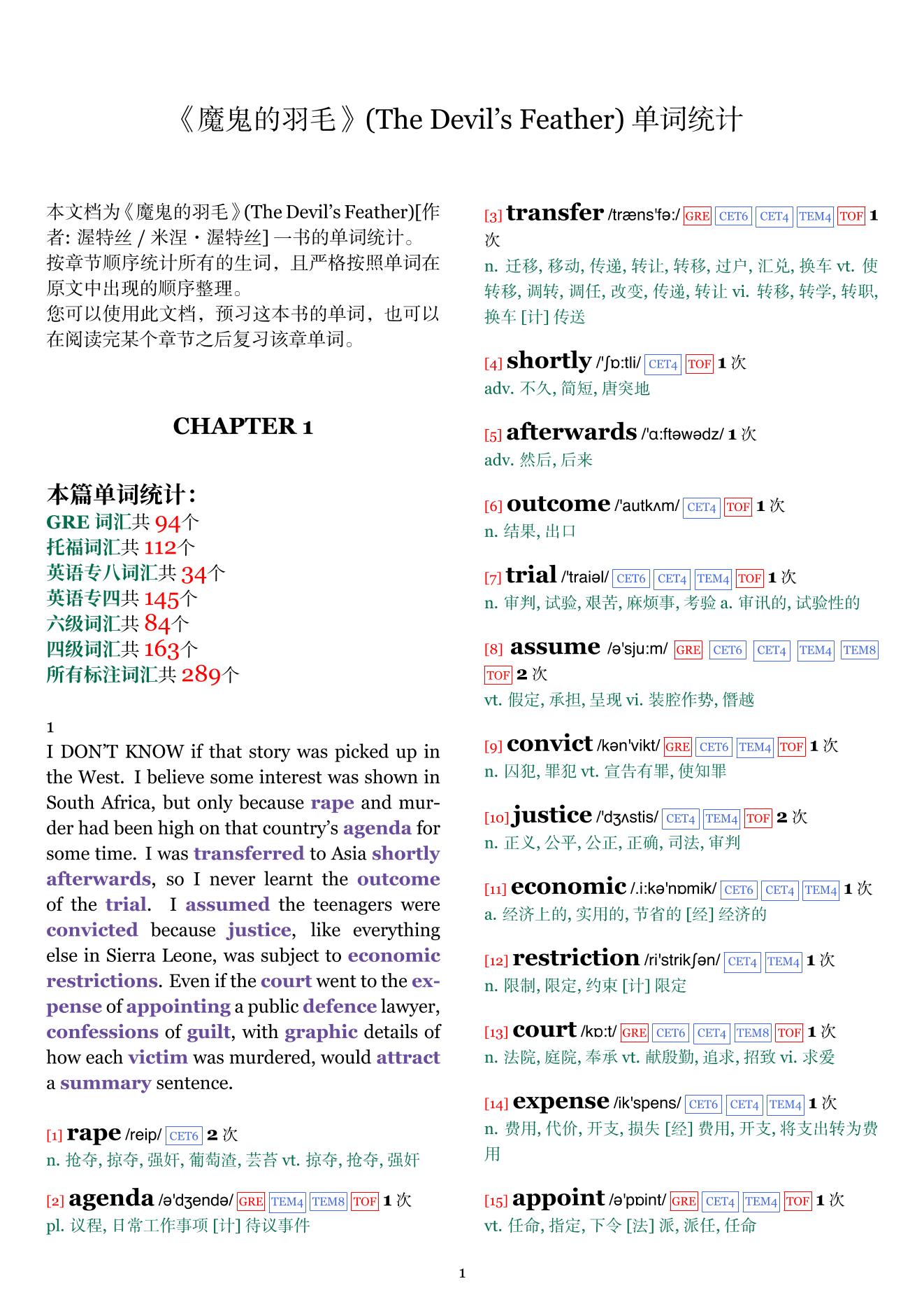 The Devil's Feather章节单词统计