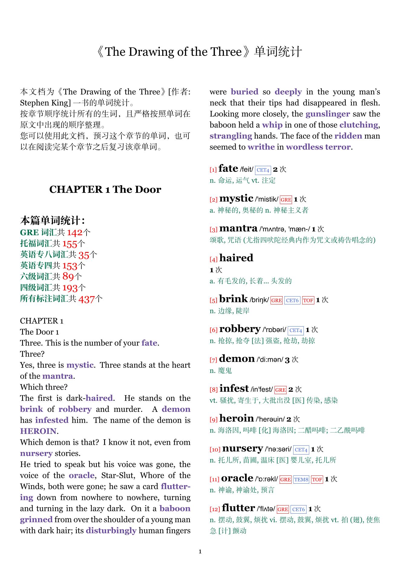 The Drawing of the Three章节单词统计