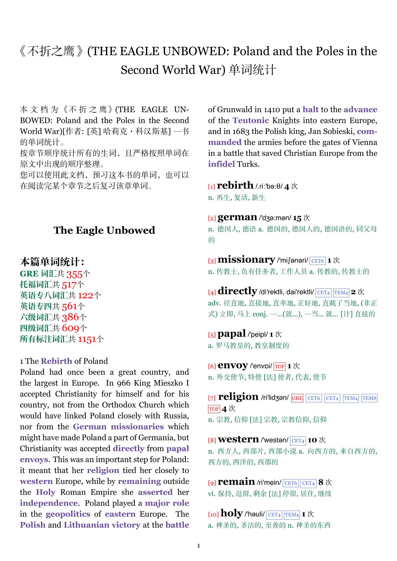 THE EAGLE UNBOWED: Poland and the Poles in the Second World War章节单词统计