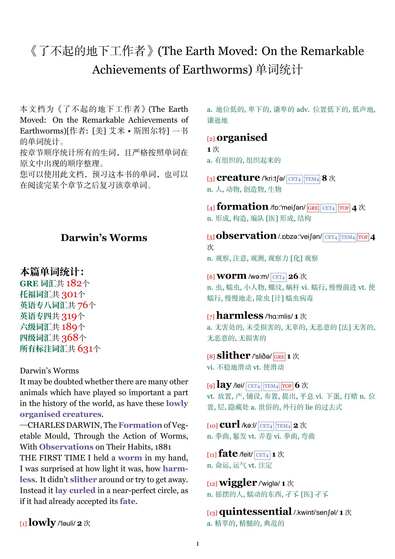 The Earth Moved: On the Remarkable Achievements of Earthworms章节单词统计