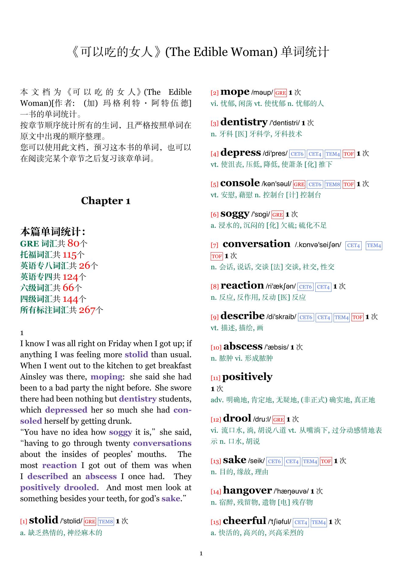 The Edible Woman章节单词统计