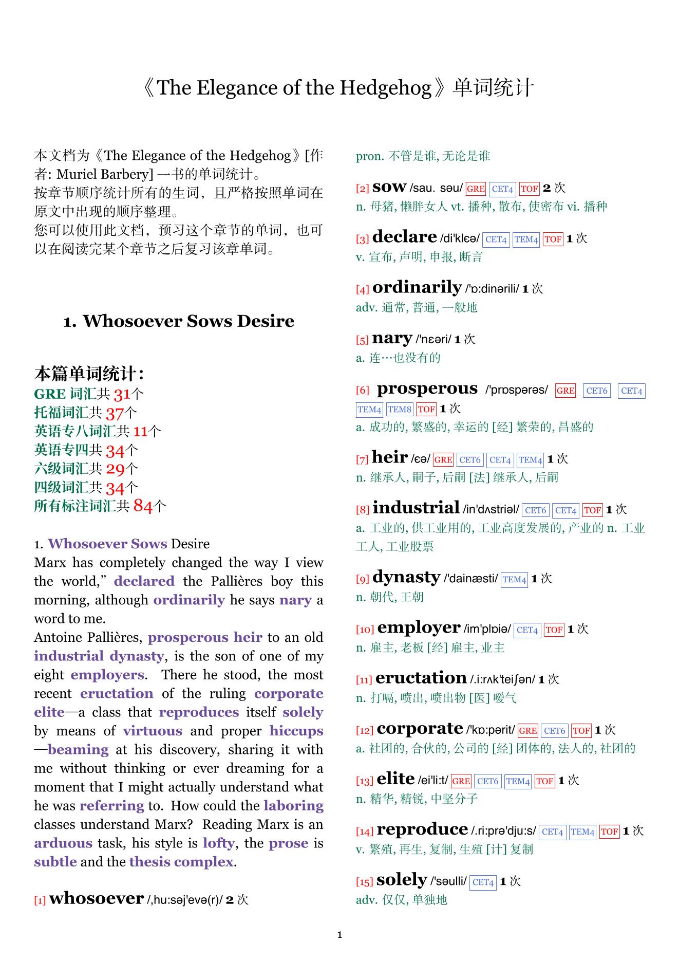 The Elegance of the Hedgehog章节单词统计