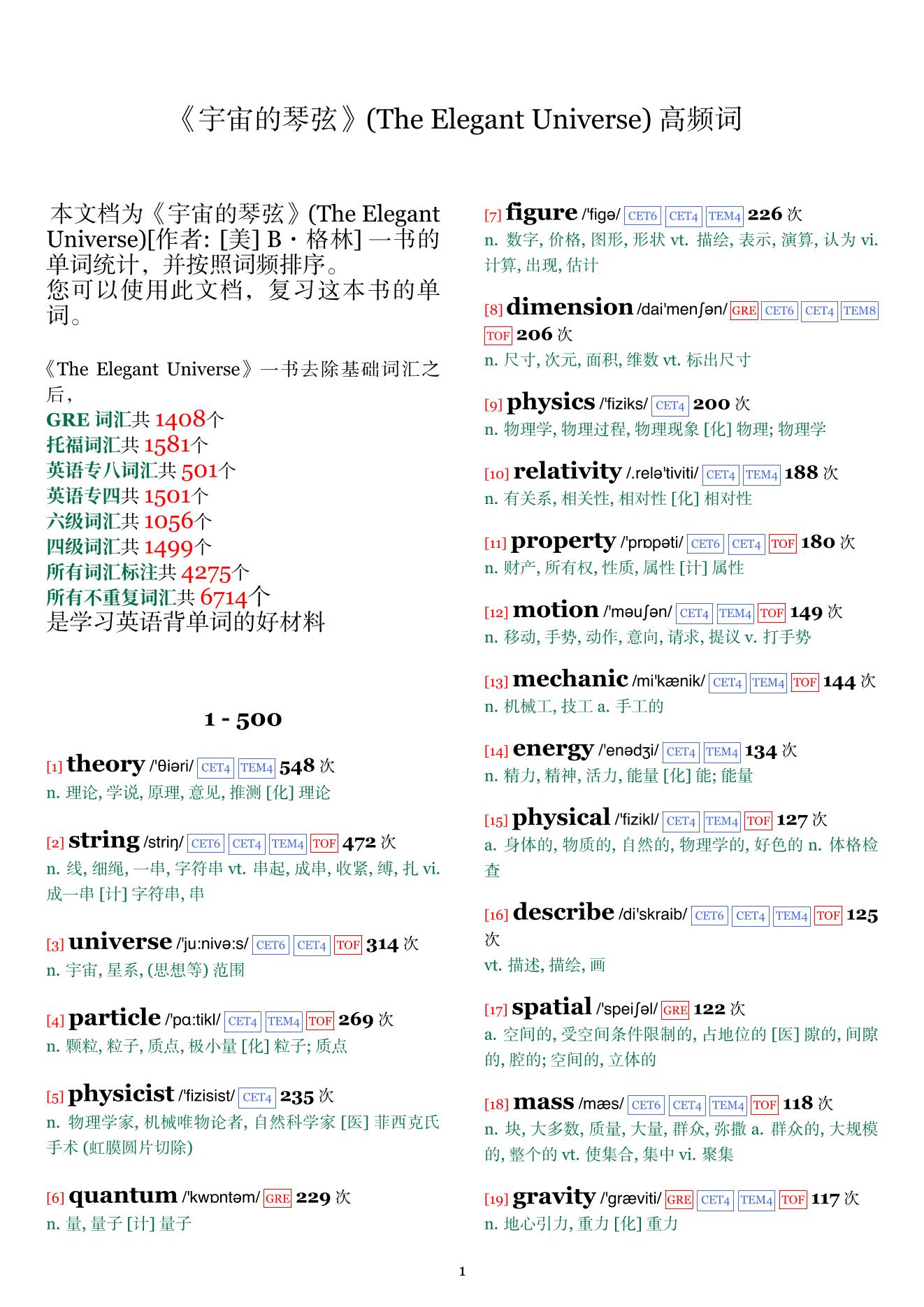 The Elegant Universe词频统计