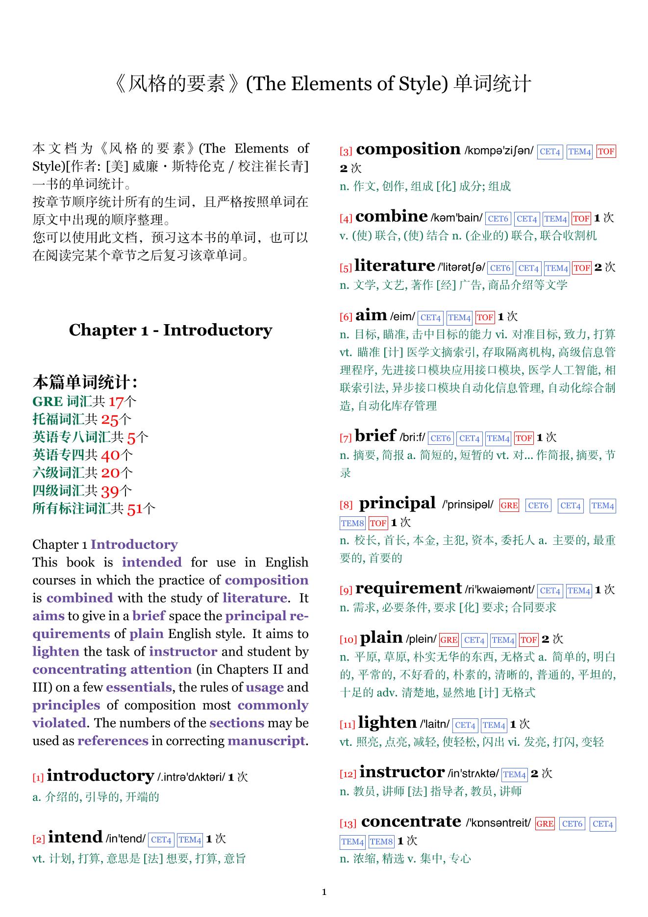The Elements of Style章节单词统计