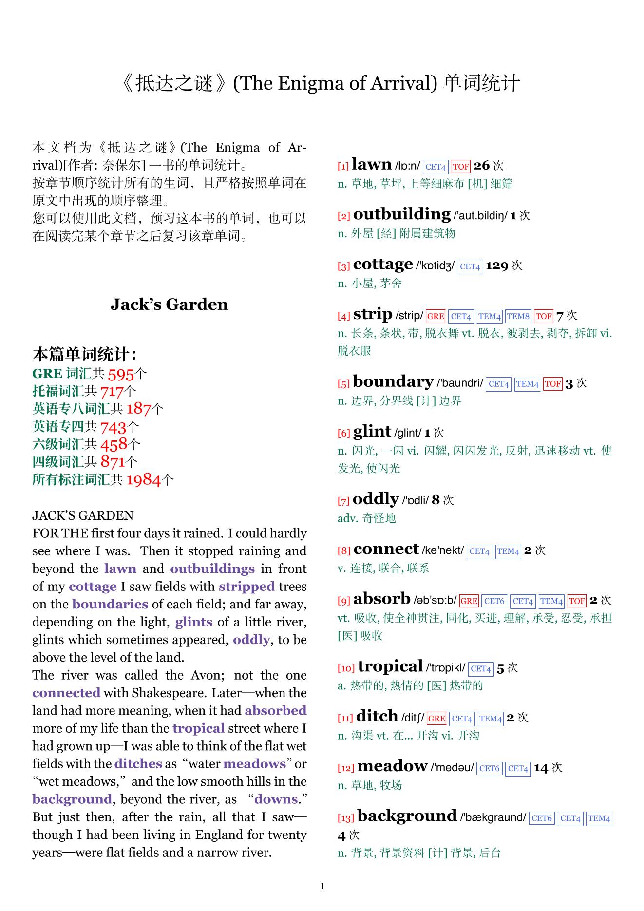 The Enigma of Arrival章节单词统计