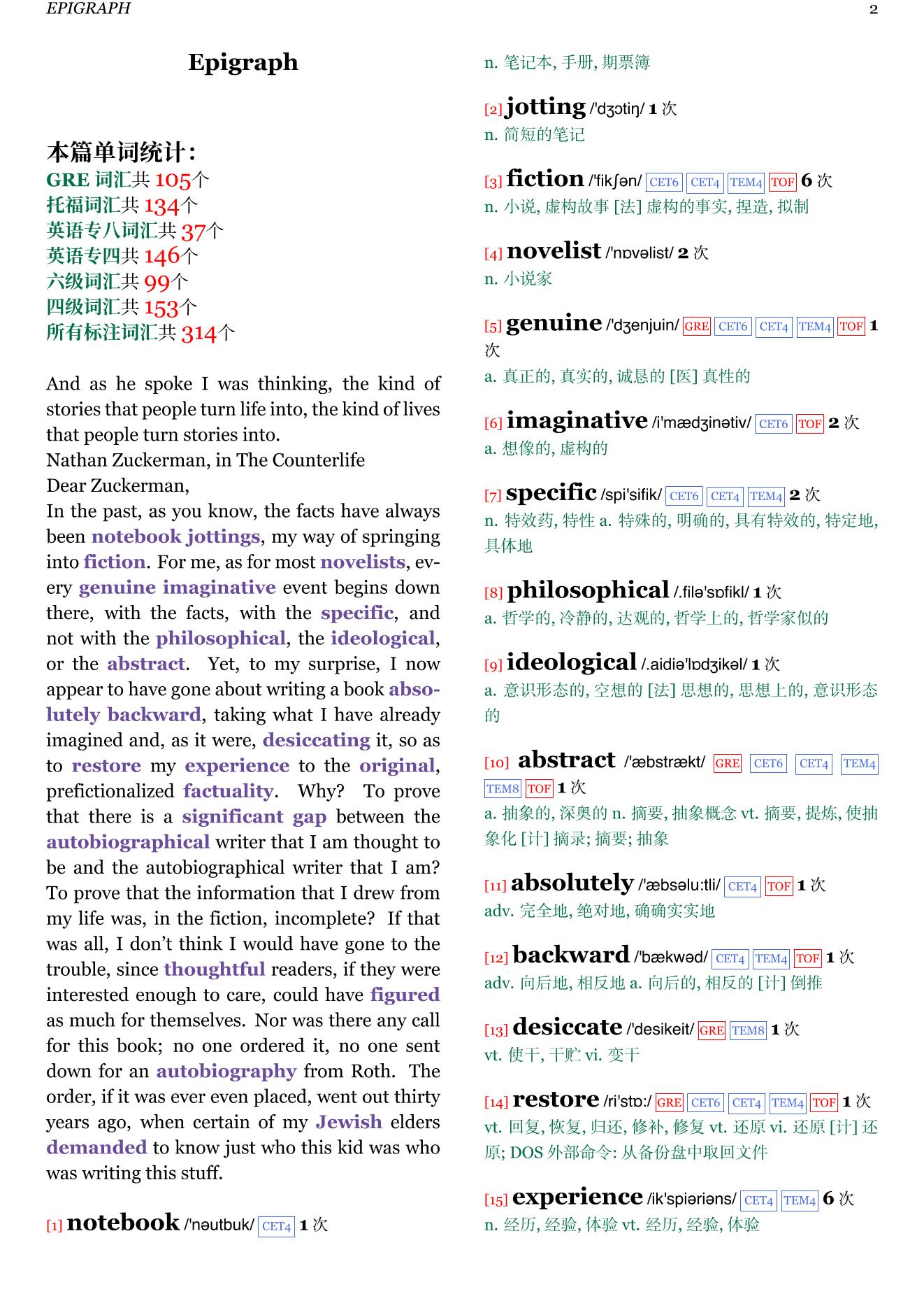 The Facts: A Novelist's Autobiography章节单词统计